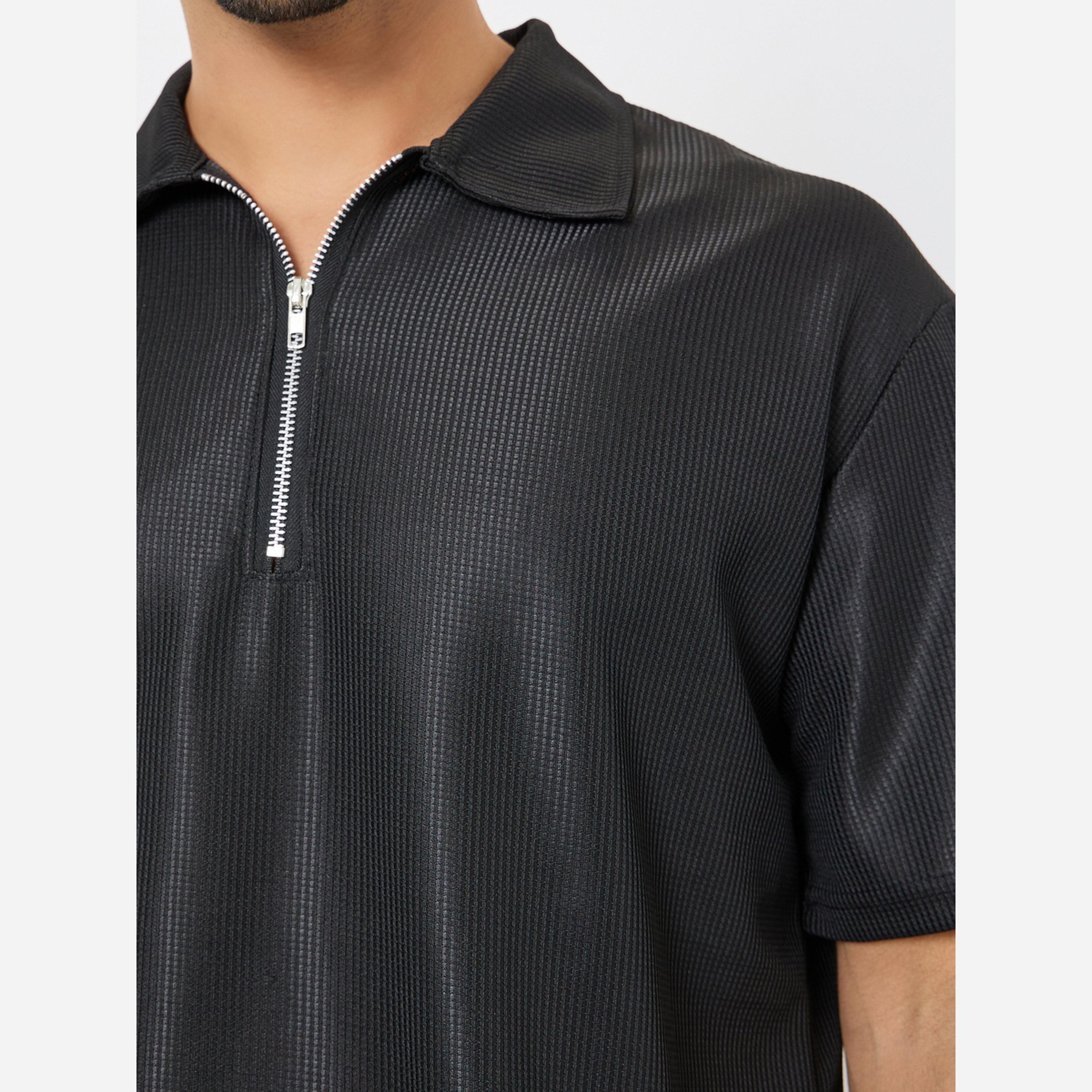 ستايلي - طقم رجالي قميص بولو وشورت لون أسود مقاس واسع-men-clothing-coordsets-image-3