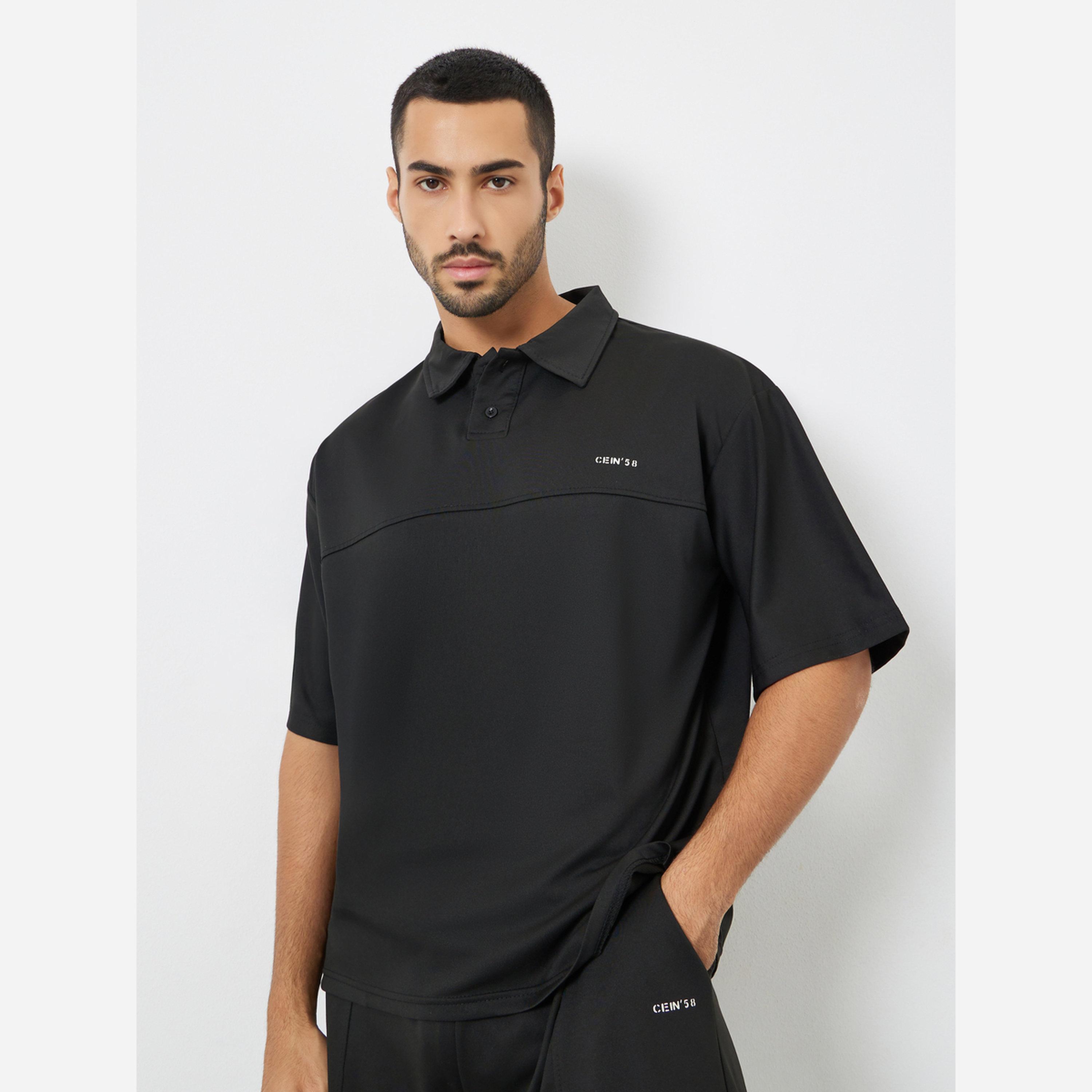 ستايلي - طقم رجالي لون أسود قميص بولو وشورت مقاس واسع بتفاصيل خياطة مميزة-men-clothing-coordsets-image-2