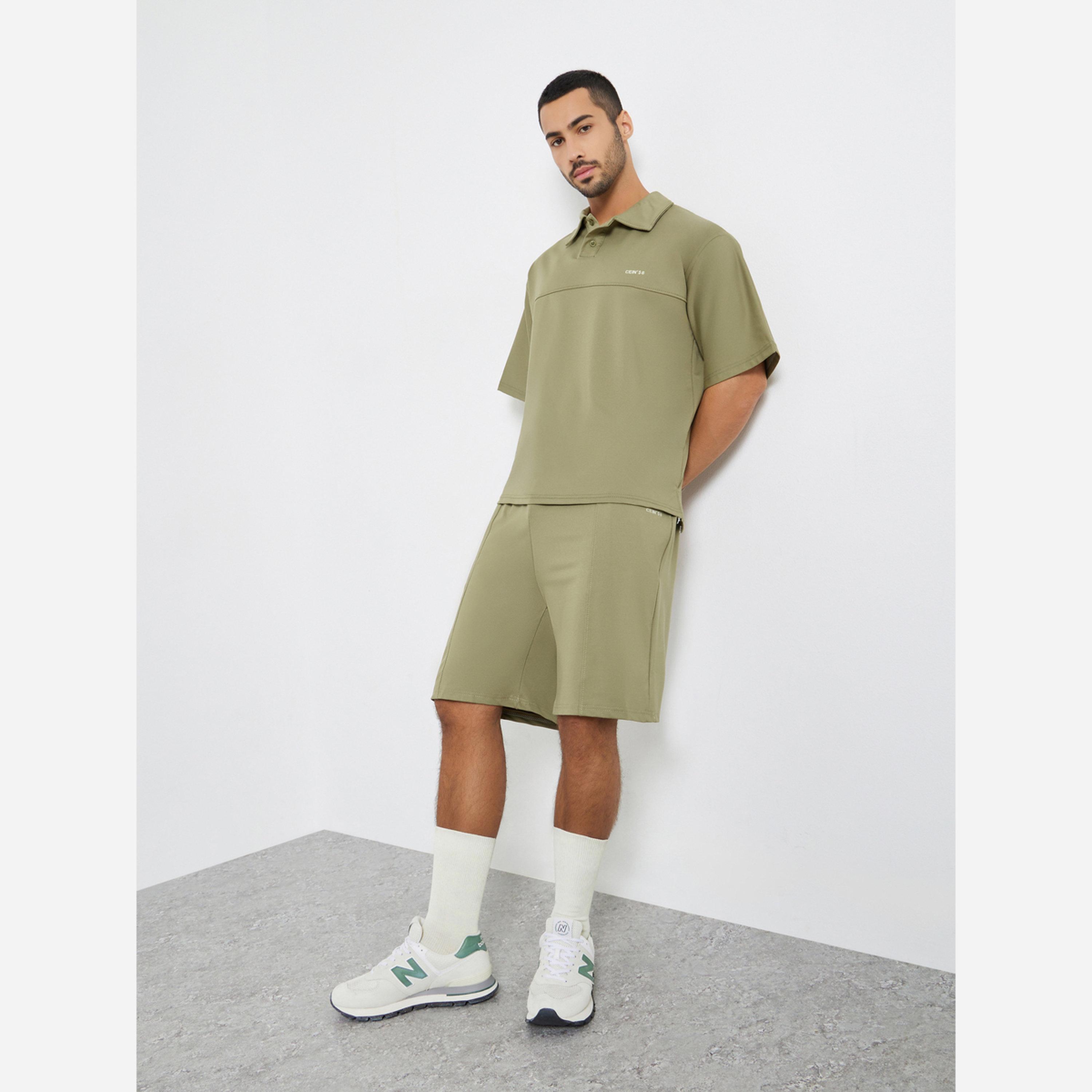 Styli Men Olive Oversized Seam Detail Polo and Shorts Co-Ords-men-clothing-coordsets-image-1