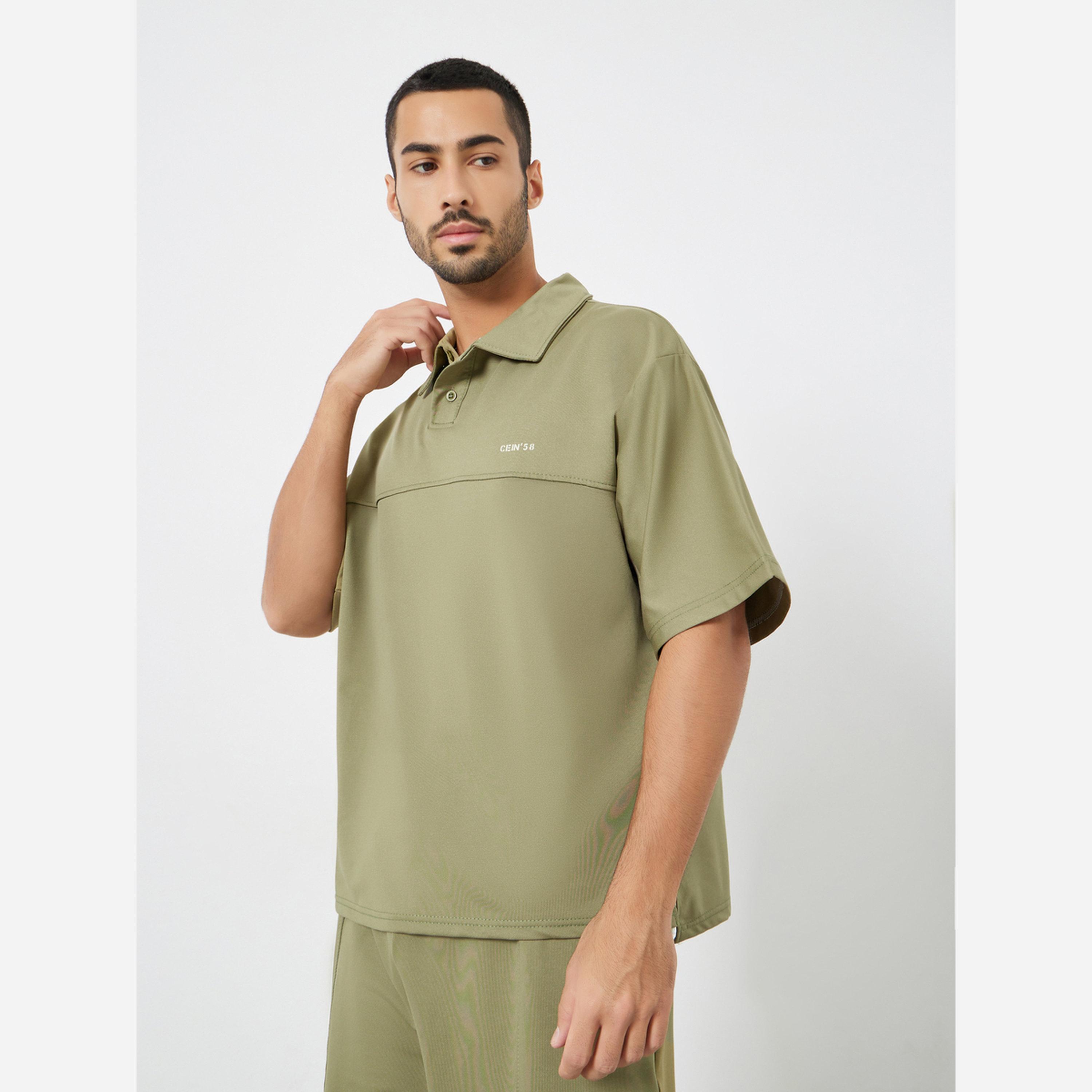 Styli Men Olive Oversized Seam Detail Polo and Shorts Co-Ords-men-clothing-coordsets-image-2