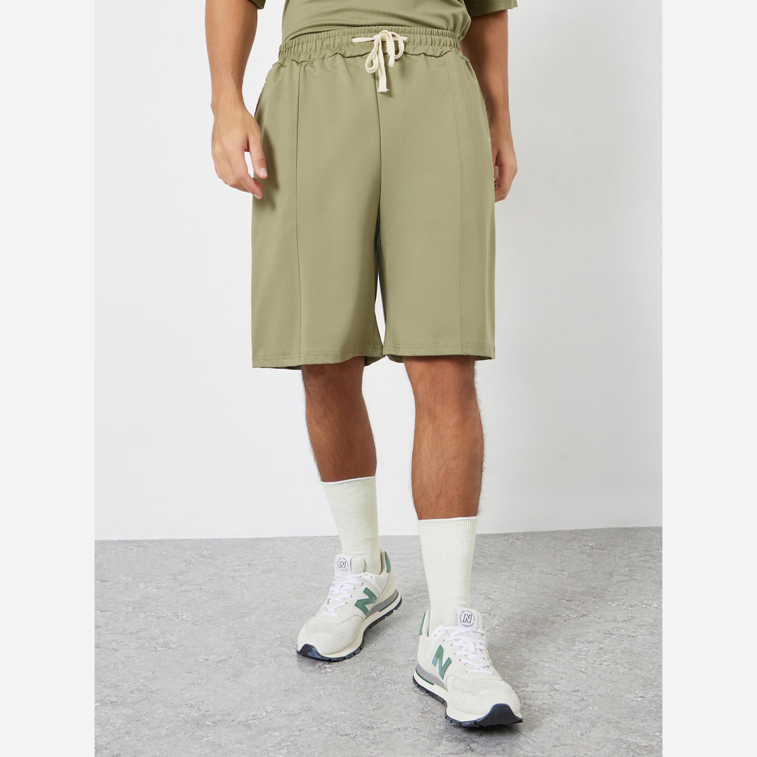 Styli Men Olive Oversized Seam Detail Polo and Shorts Co-Ords-men-clothing-coordsets-image-4
