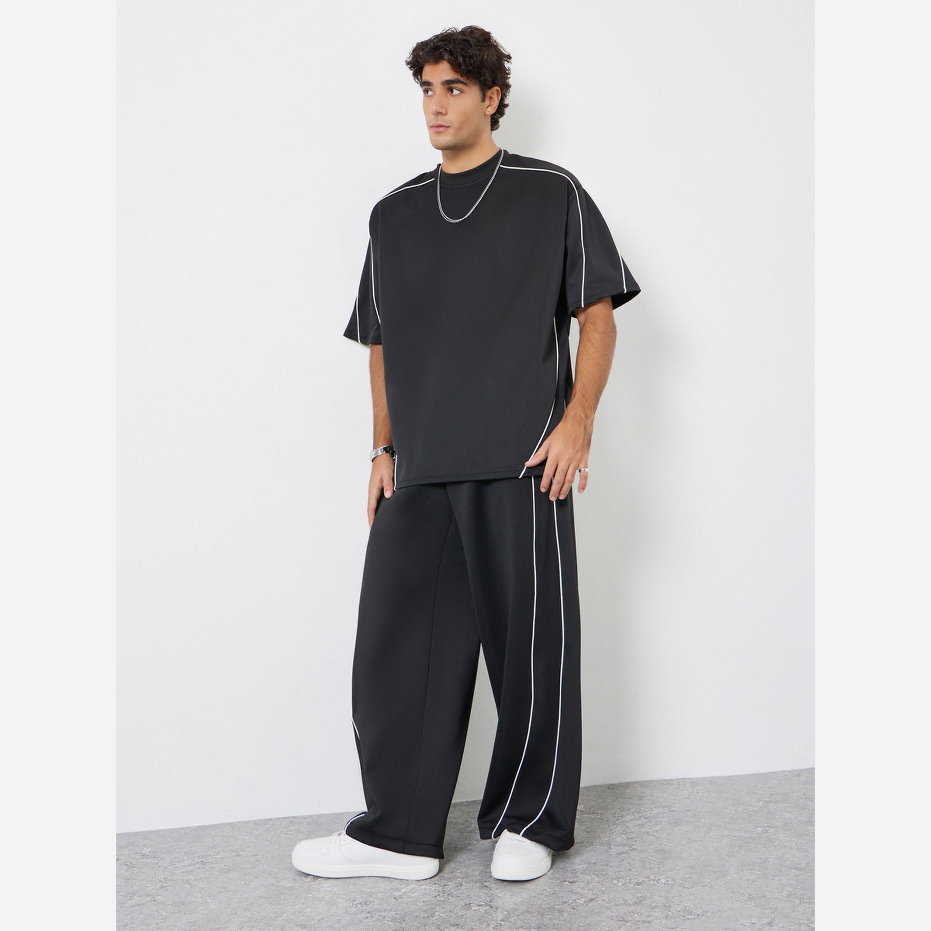 Styli Men Black Oversized Piping Detail T-Shirt and Pants Co-Ords-men-clothing-coordsets-image-1
