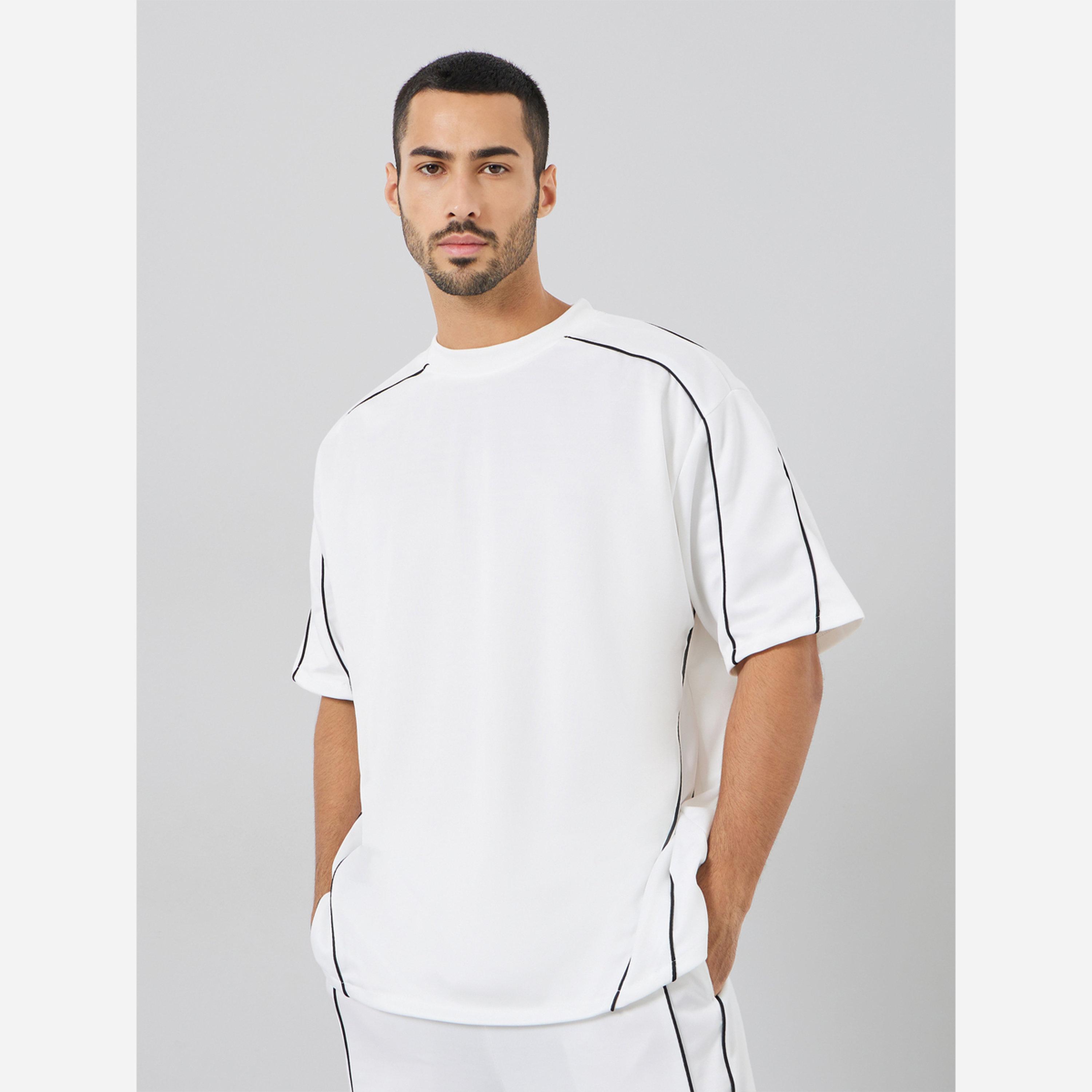Styli Men White Oversized Piping Detail T-Shirt and Pants Co-Ords-men-clothing-coordsets-image-2