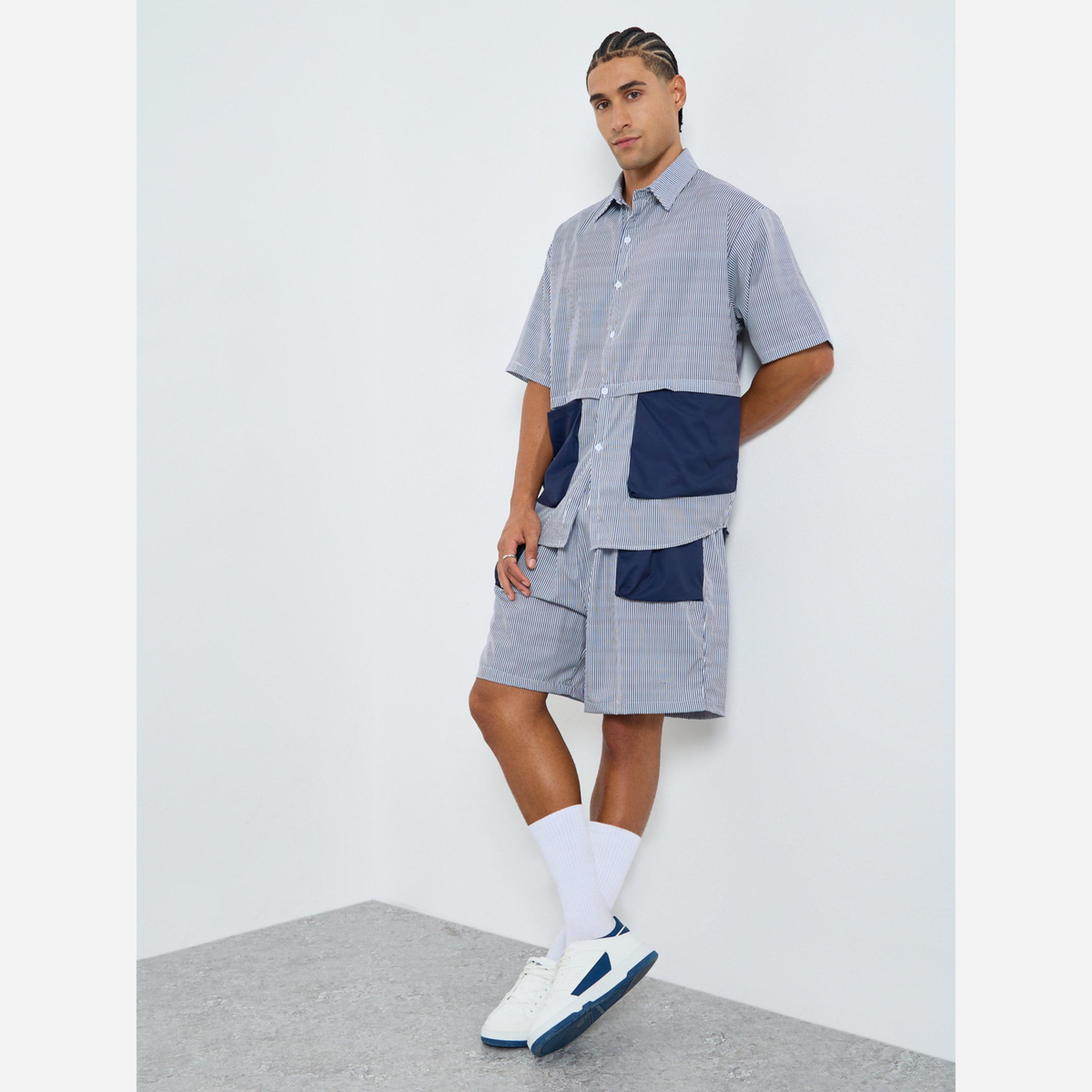 ستايلي - طقم رجالي قميص وشورت بجيوب مقاس واسع لون متعدد-men-clothing-coordsets-image-1