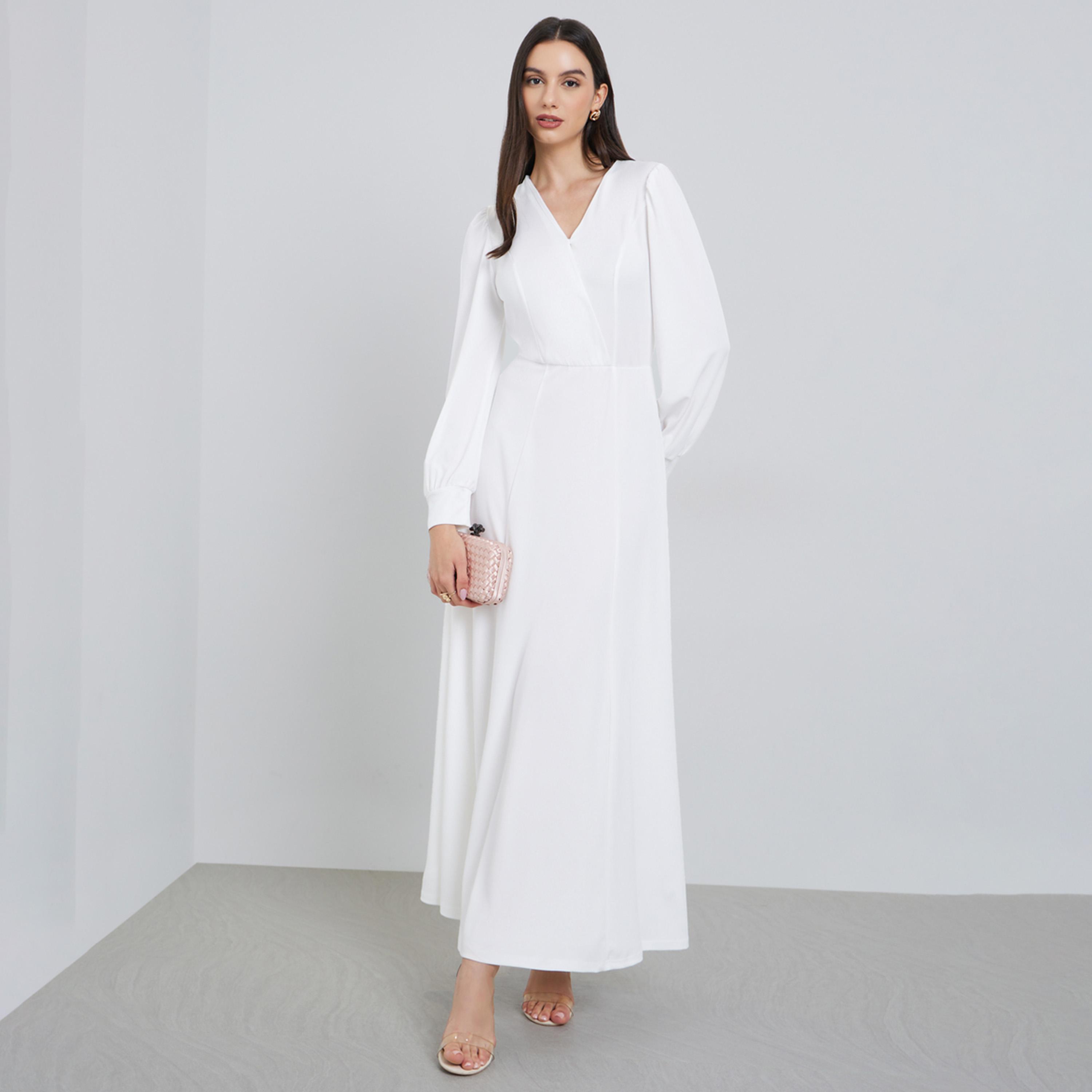 ستايلي - فستان ماكسي أبيض بأكمام منفوخة وبتصميم A-women-clothing-dresses-image-1