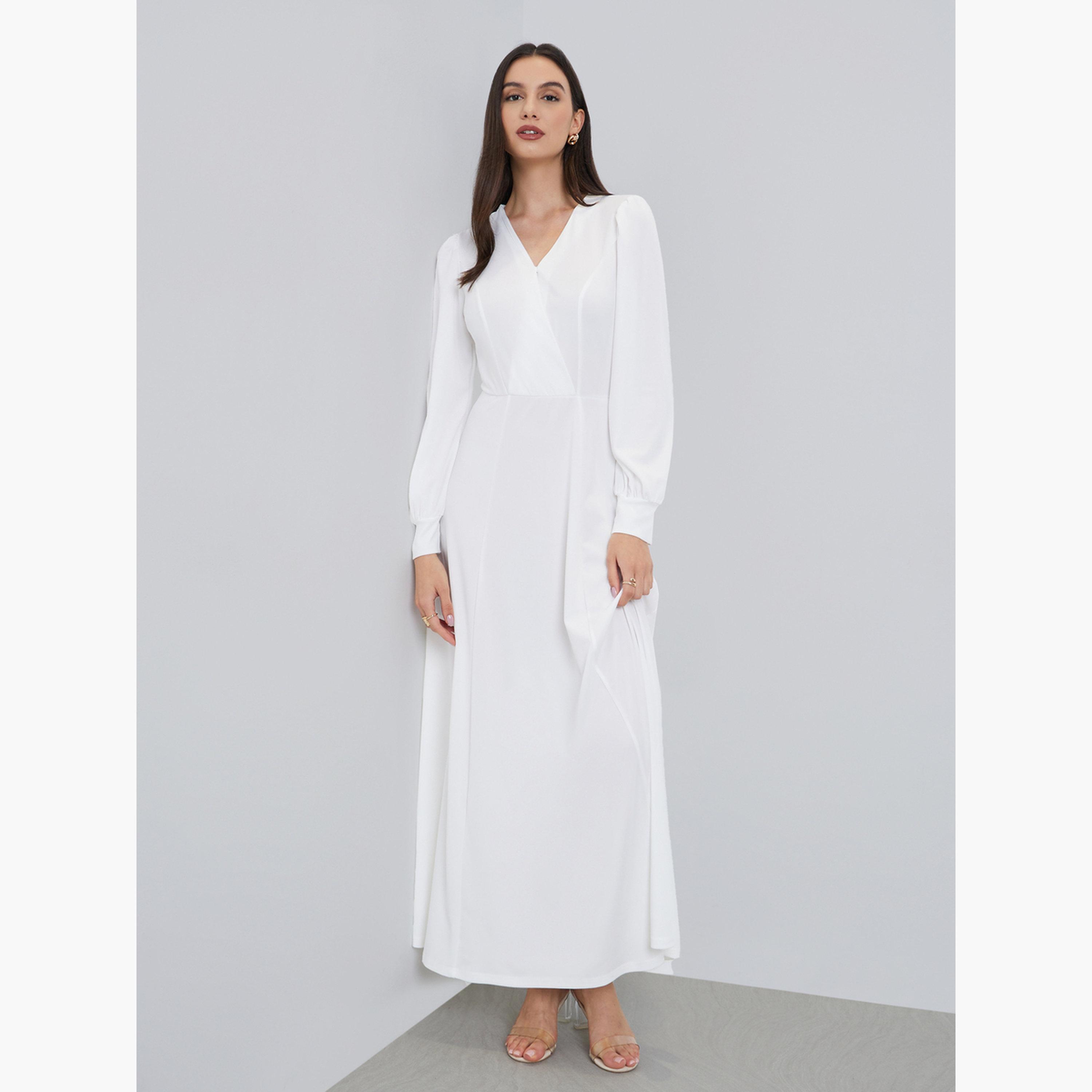 ستايلي - فستان ماكسي أبيض بأكمام منفوخة وبتصميم A-women-clothing-dresses-image-2