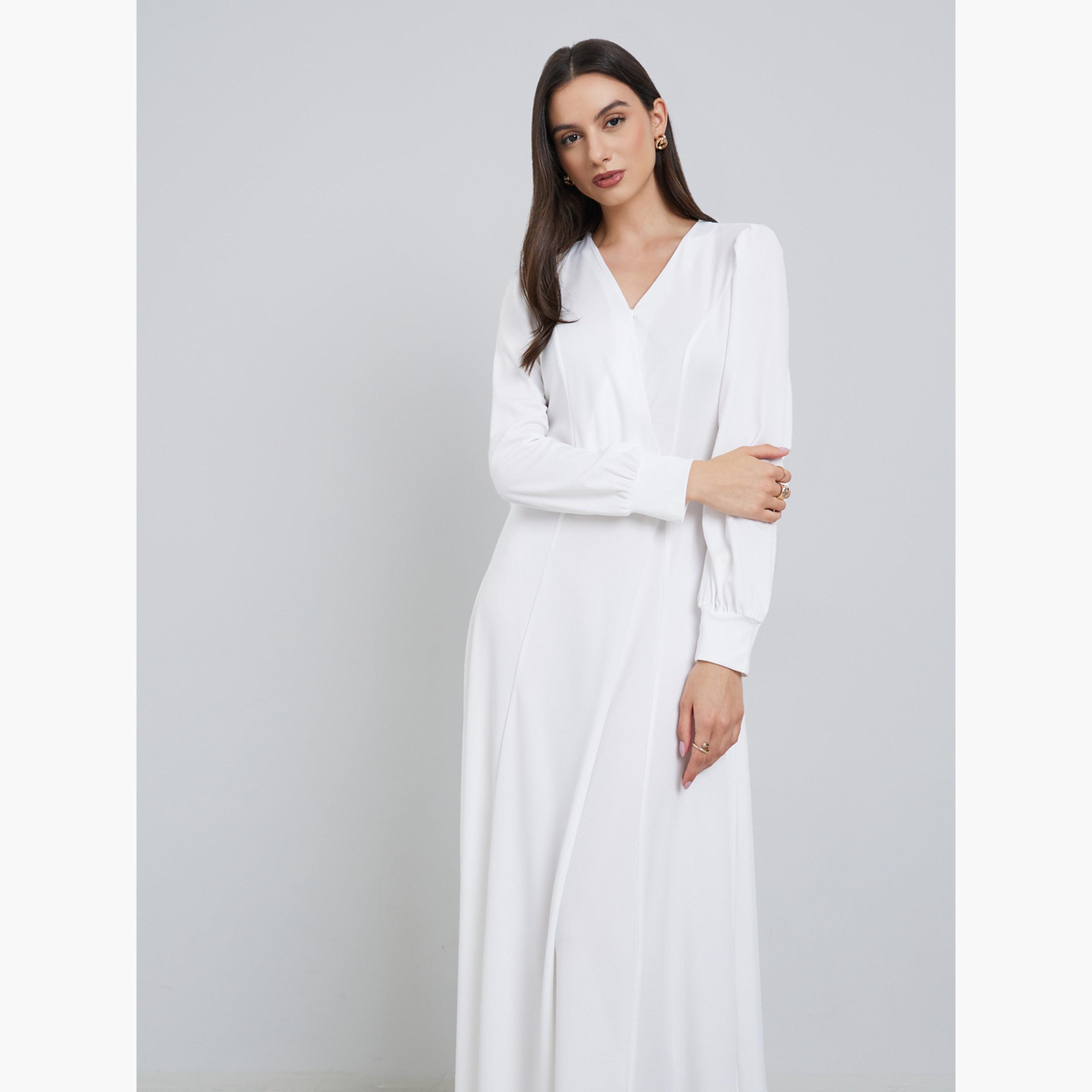 ستايلي - فستان ماكسي أبيض بأكمام منفوخة وبتصميم A-women-clothing-dresses-image-3