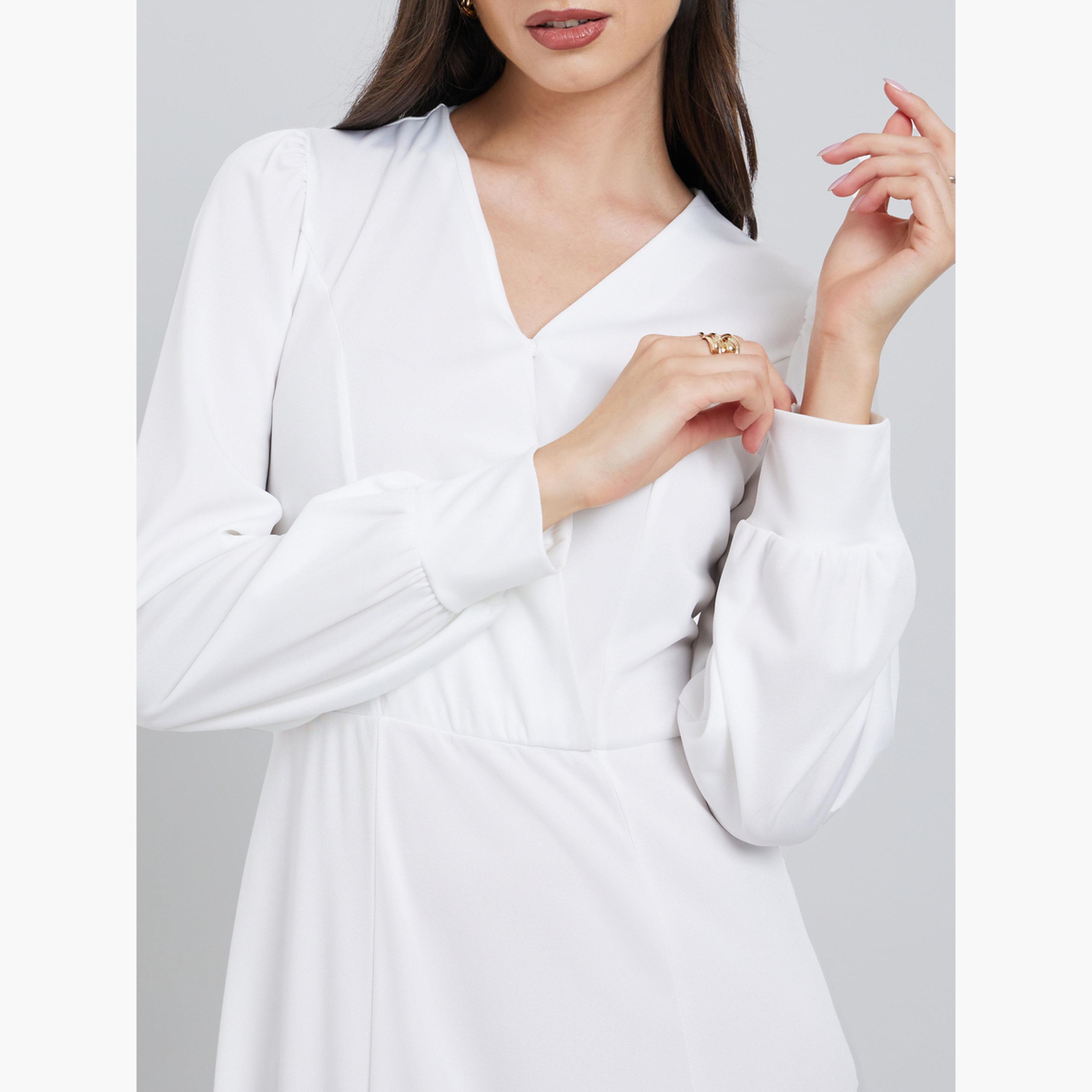ستايلي - فستان ماكسي أبيض بأكمام منفوخة وبتصميم A-women-clothing-dresses-image-4