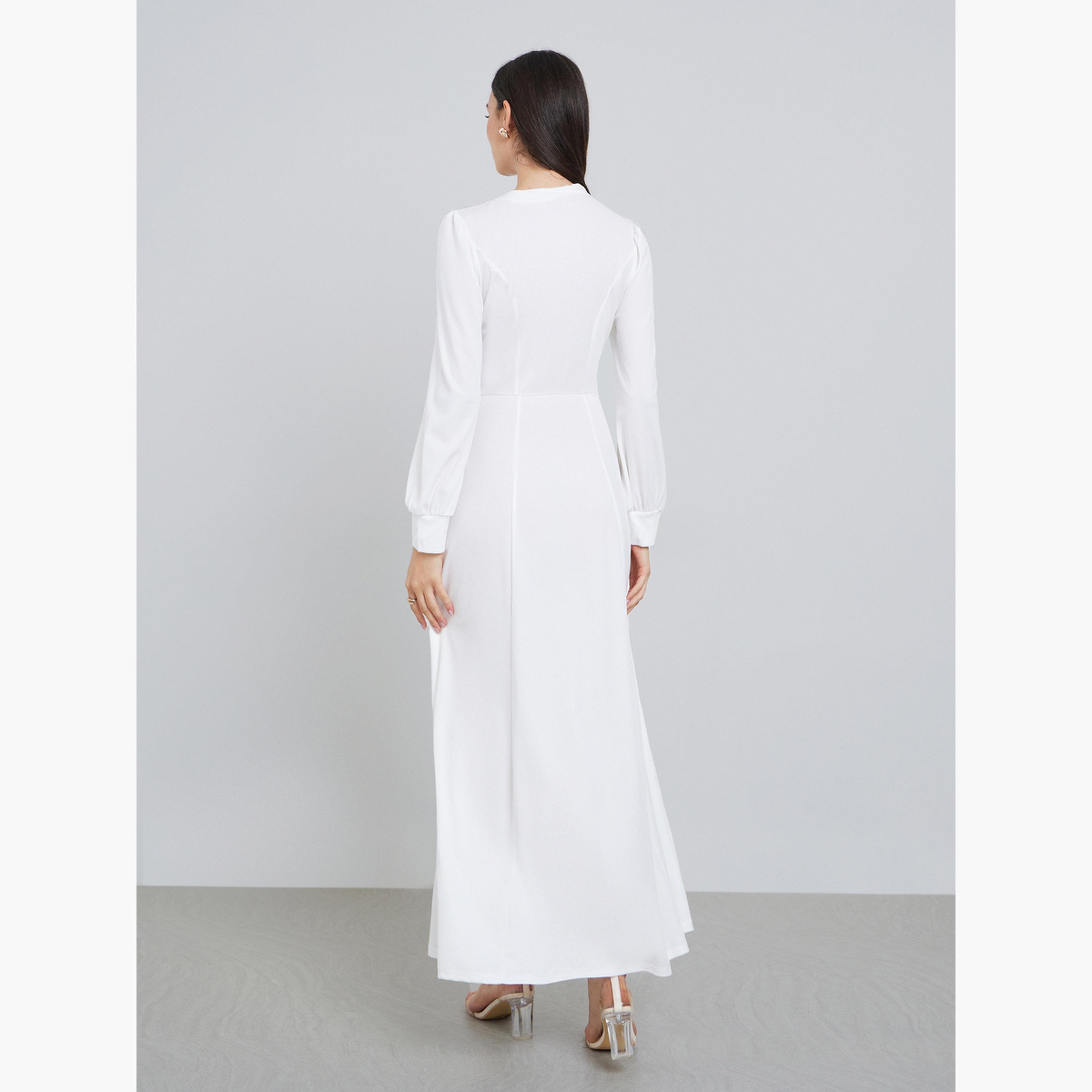 ستايلي - فستان ماكسي أبيض بأكمام منفوخة وبتصميم A-women-clothing-dresses-image-5