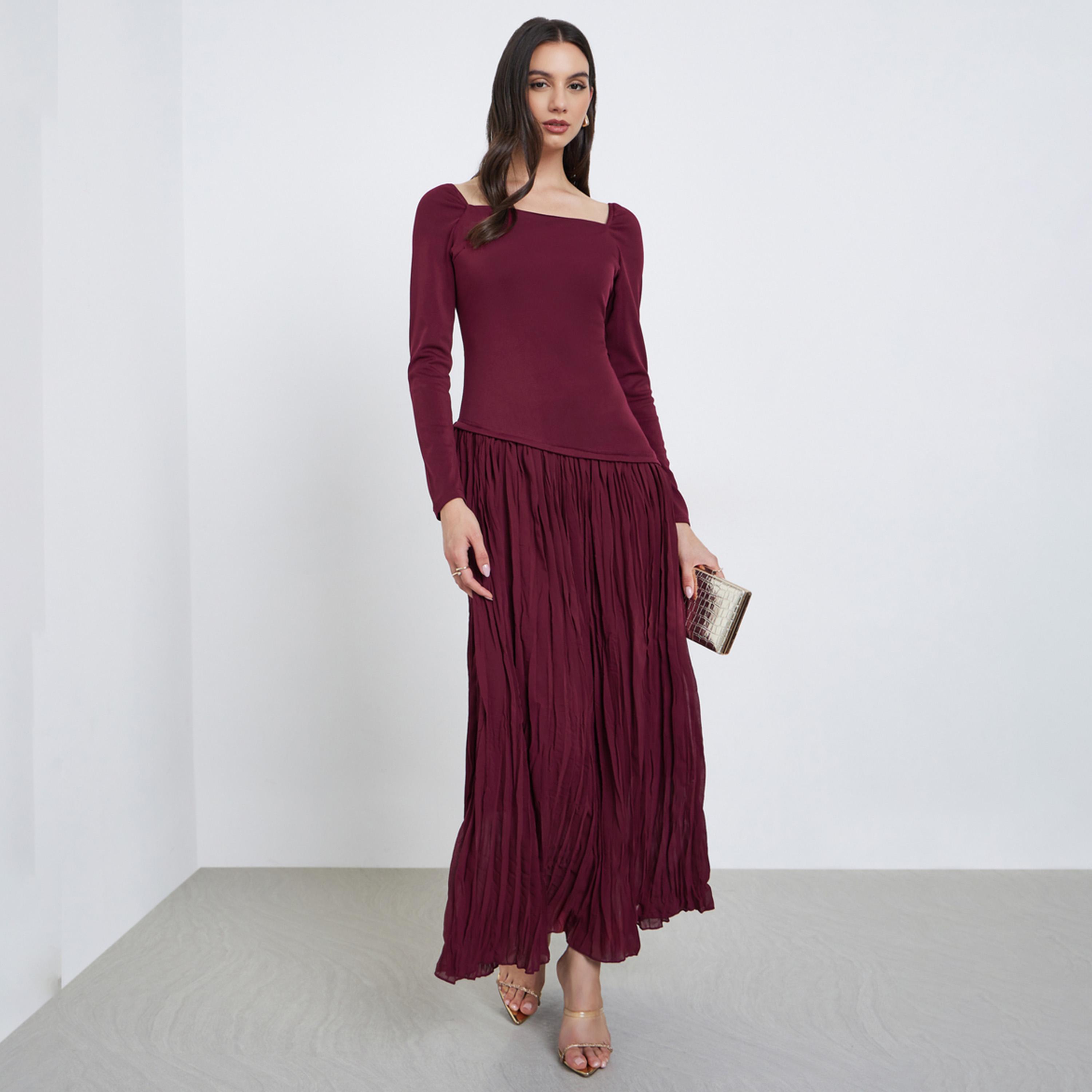 Styli Maroon Solid Pleated A-Line Maxi Dress-women-clothing-dresses-image-1