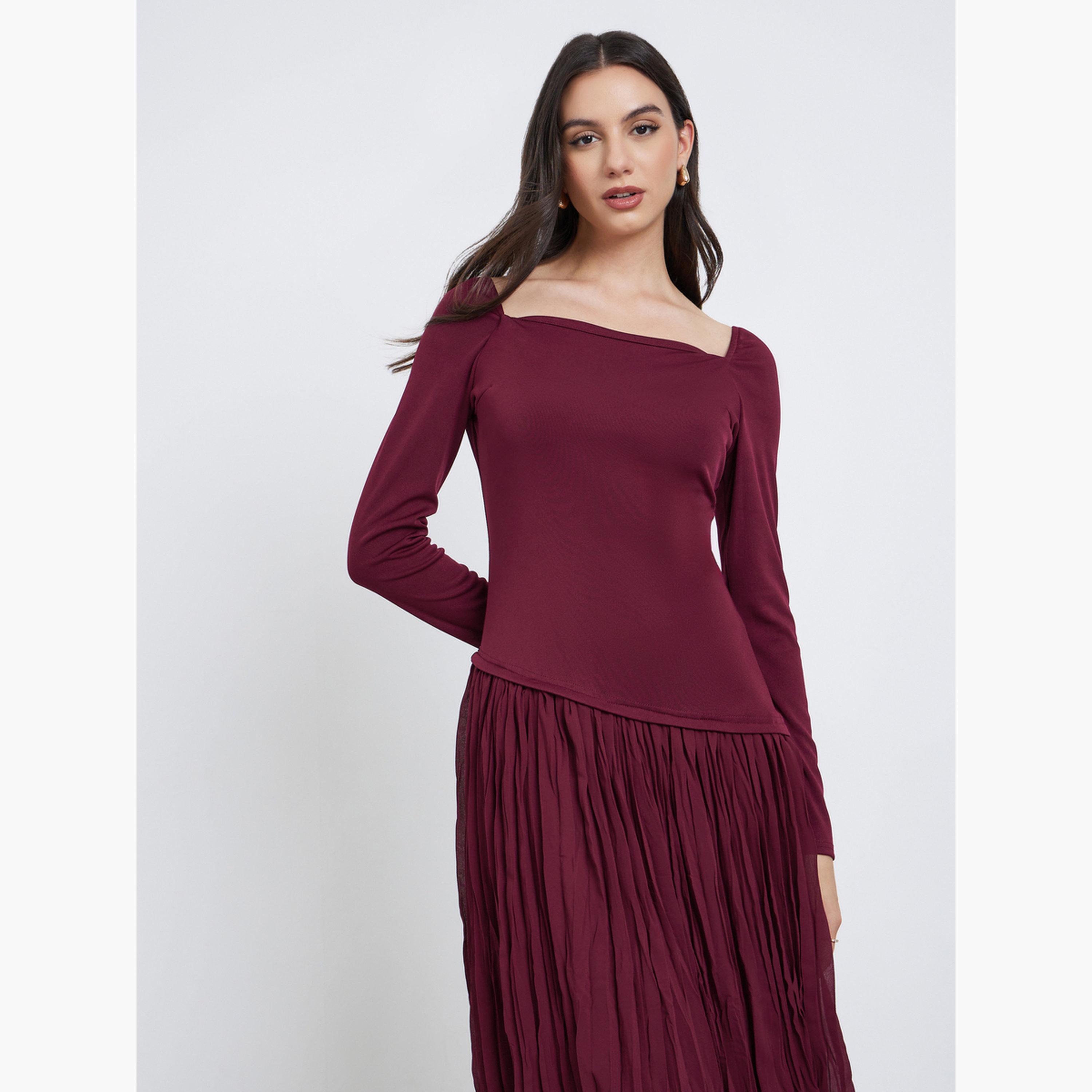 ستايلي - فستان ماكسي بلون أحمر داكن مطوي على شكل حرف A-women-clothing-dresses-image-2