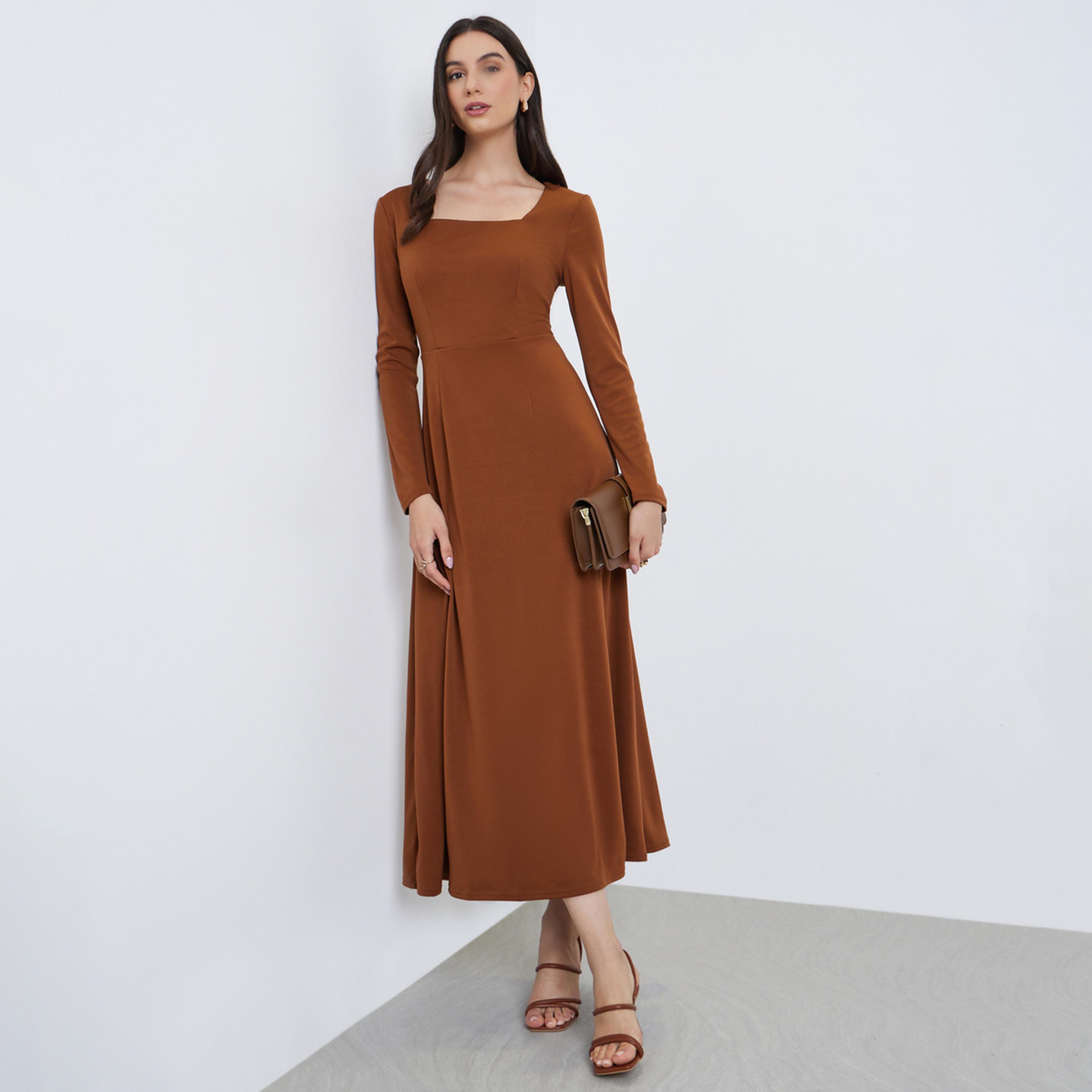 Styli Brown A-Line Pleated Midi Dress-women-clothing-dresses-image-1