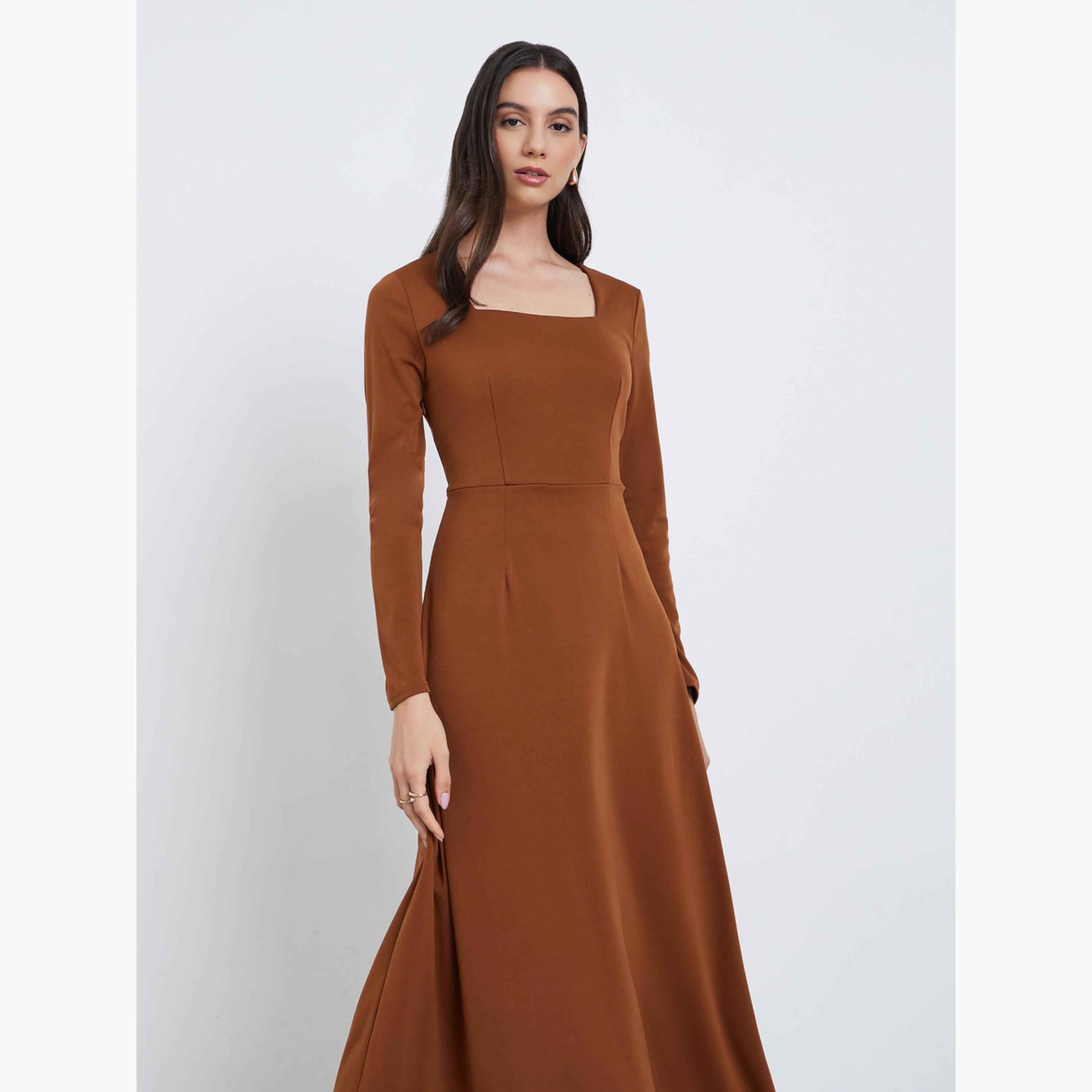 Styli Brown A-Line Pleated Midi Dress-women-clothing-dresses-image-2