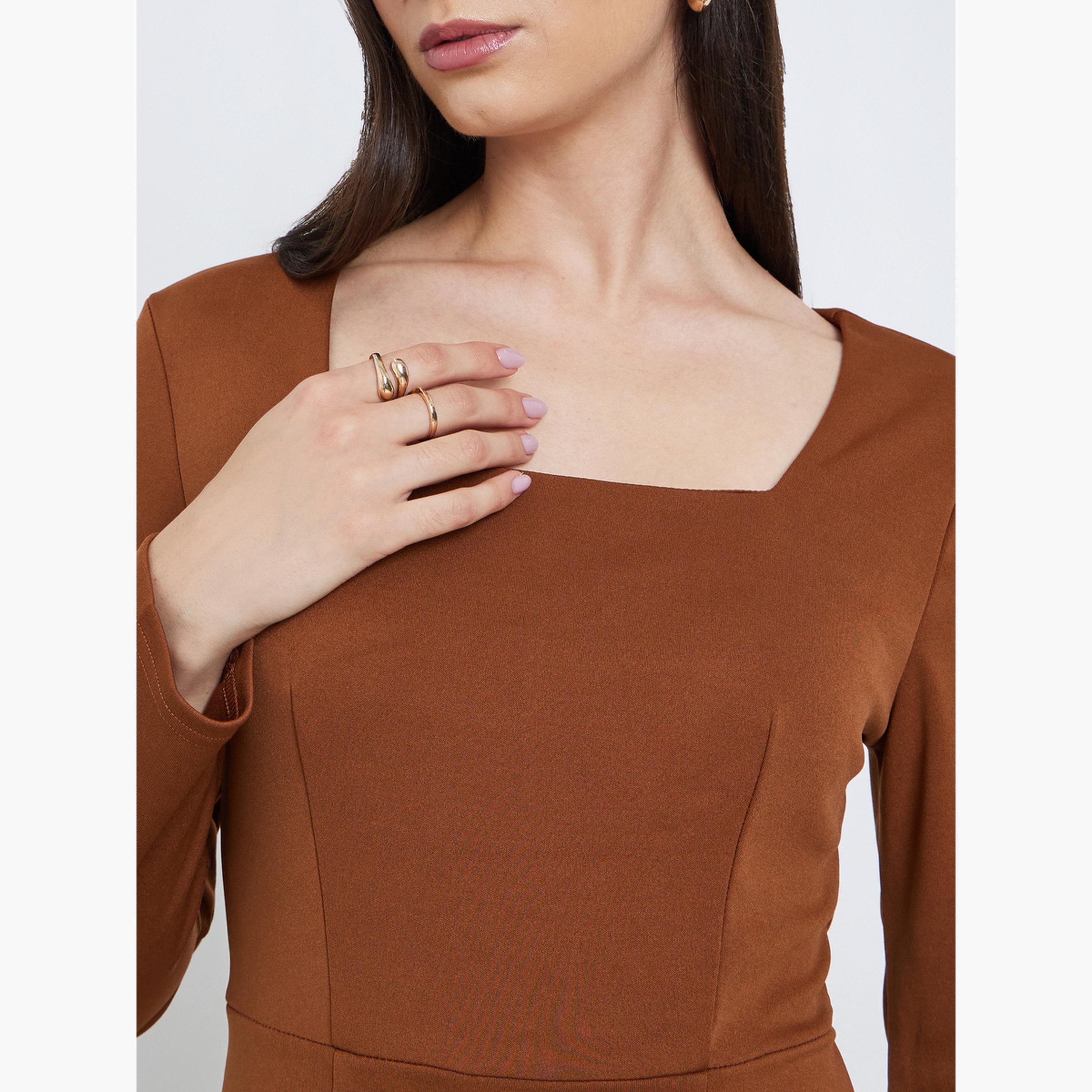 ستايلي - فستان بني متوسط ​​الطول بتصميم A مطوي-women-clothing-dresses-image-3