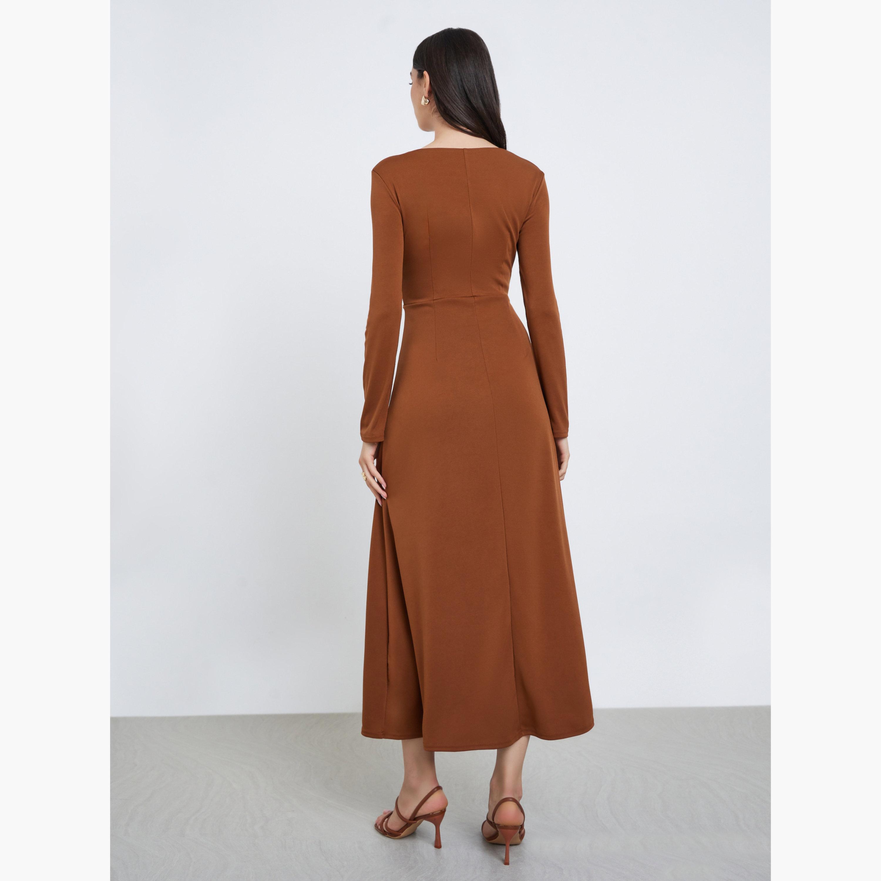 Styli Brown A-Line Pleated Midi Dress-women-clothing-dresses-image-4