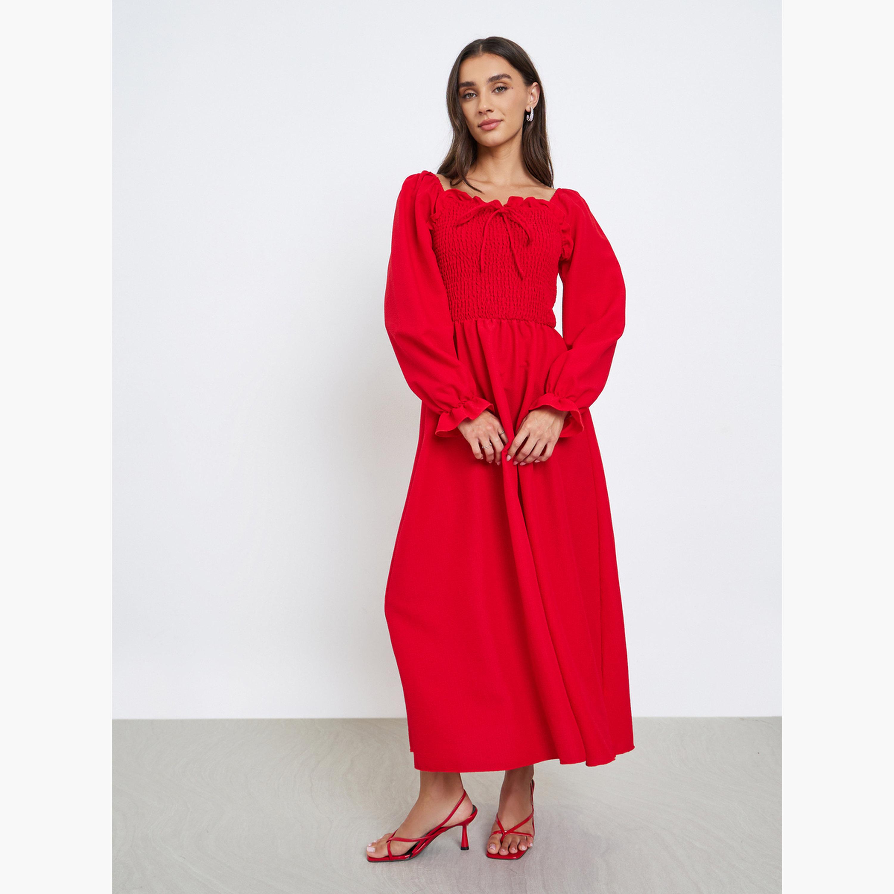 Styli Women Red Maxi Dress with Tie-Up Detail-women-clothing-dresses-image-1