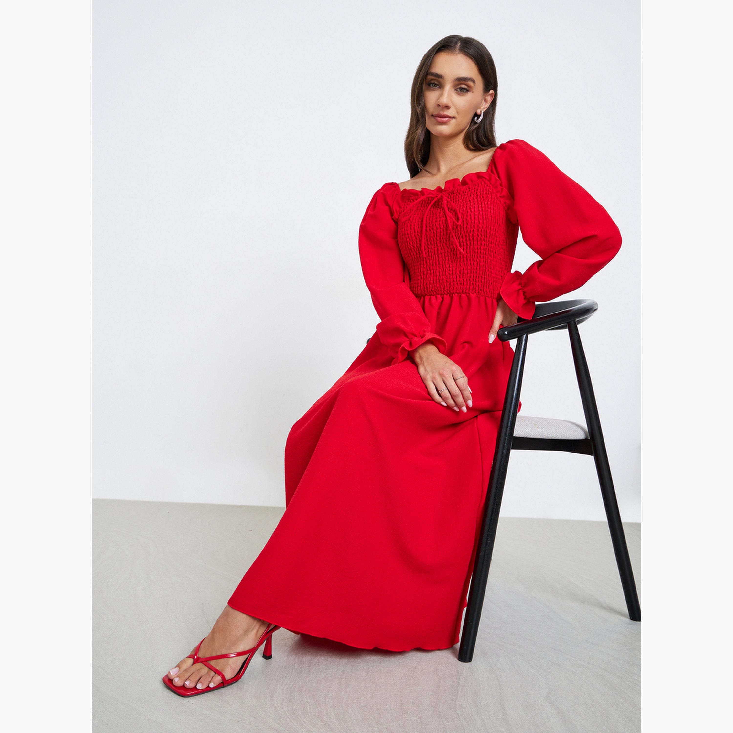 Styli Women Red Maxi Dress with Tie-Up Detail-women-clothing-dresses-image-2