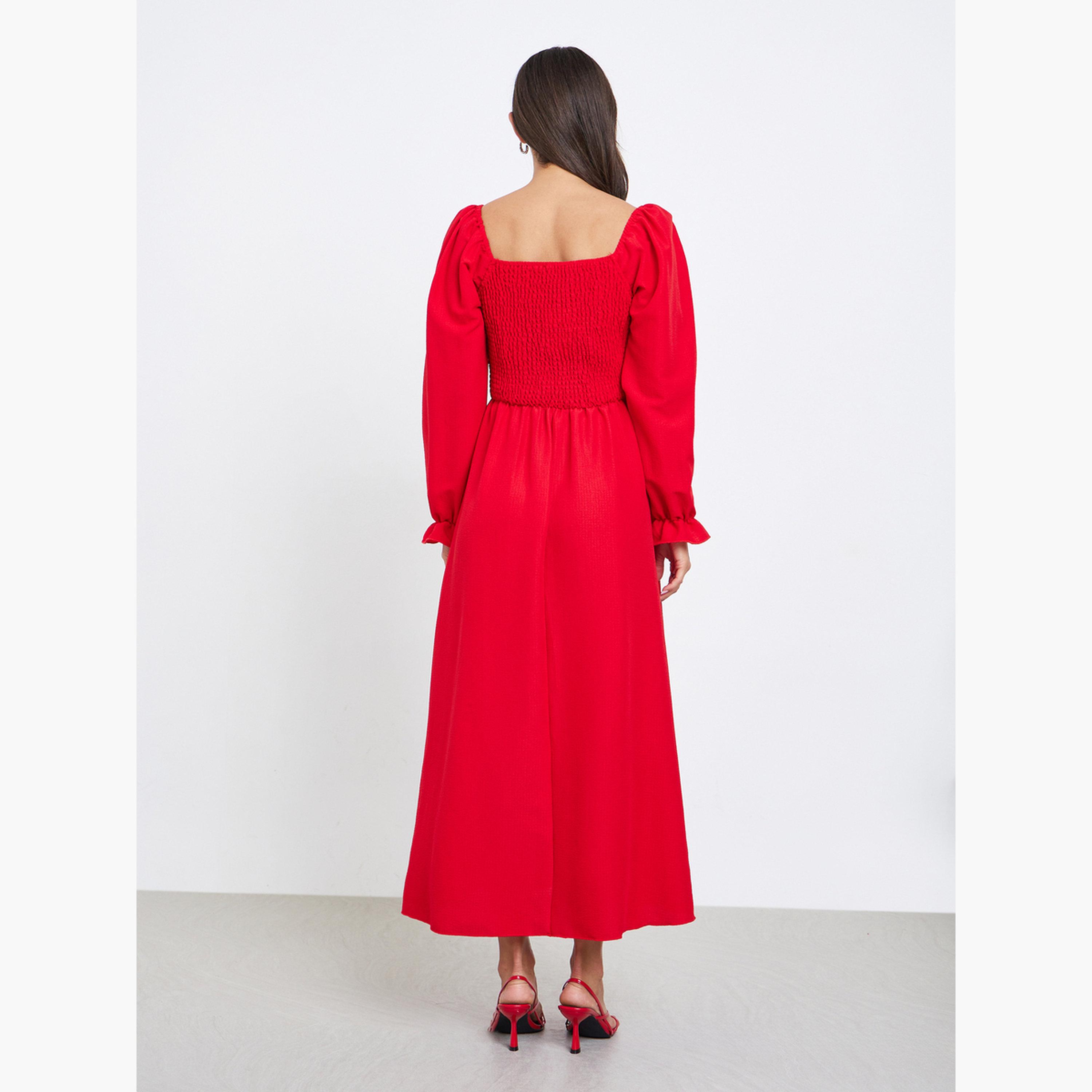 ستايلي - فستان ماكسي أحمر مع تفاصيل ربطة عنق للنساء-women-clothing-dresses-image-4