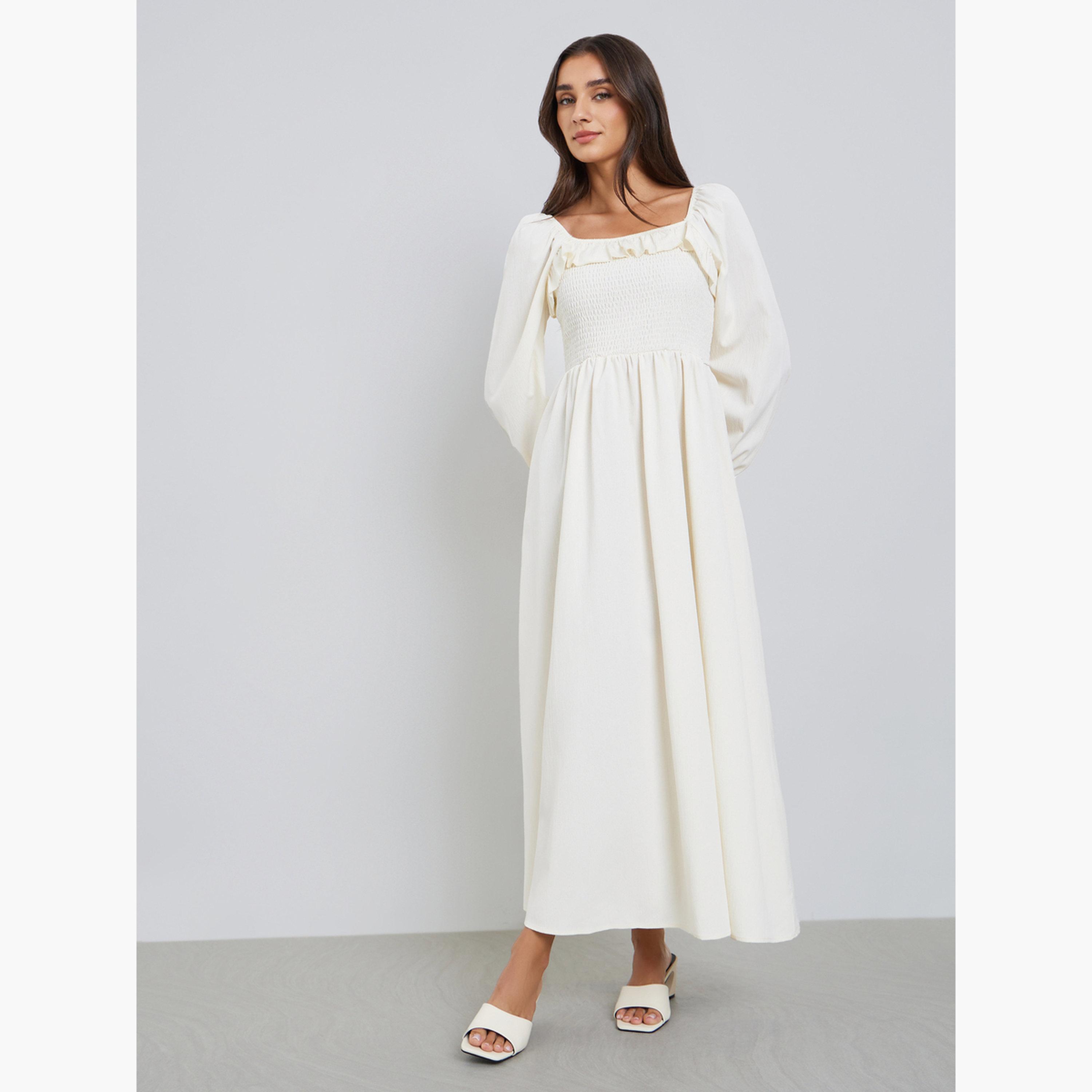 ستايلي - فستان ماكسي كريمي تصميم A مع تفاصيل كشكشة للنساء-women-clothing-dresses-image-1