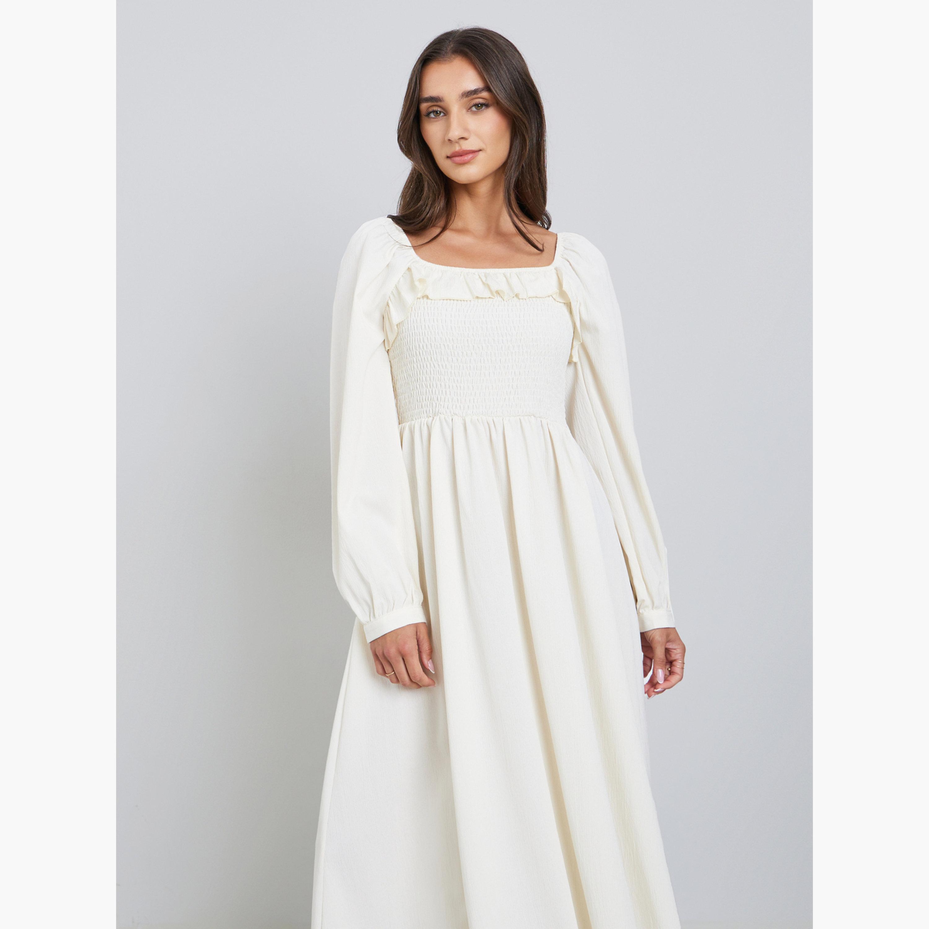 ستايلي - فستان ماكسي كريمي تصميم A مع تفاصيل كشكشة للنساء-women-clothing-dresses-image-3