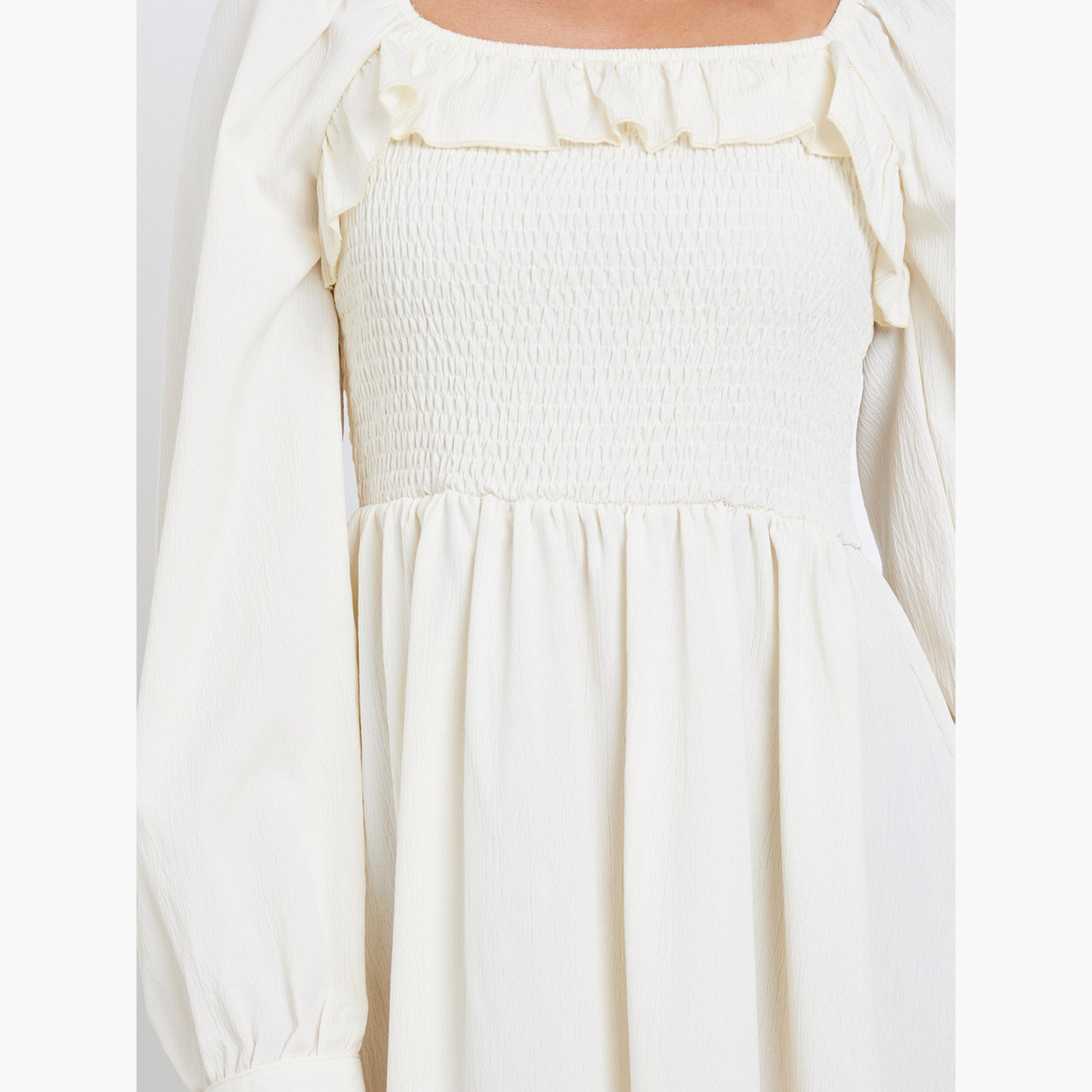 ستايلي - فستان ماكسي كريمي تصميم A مع تفاصيل كشكشة للنساء-women-clothing-dresses-image-5