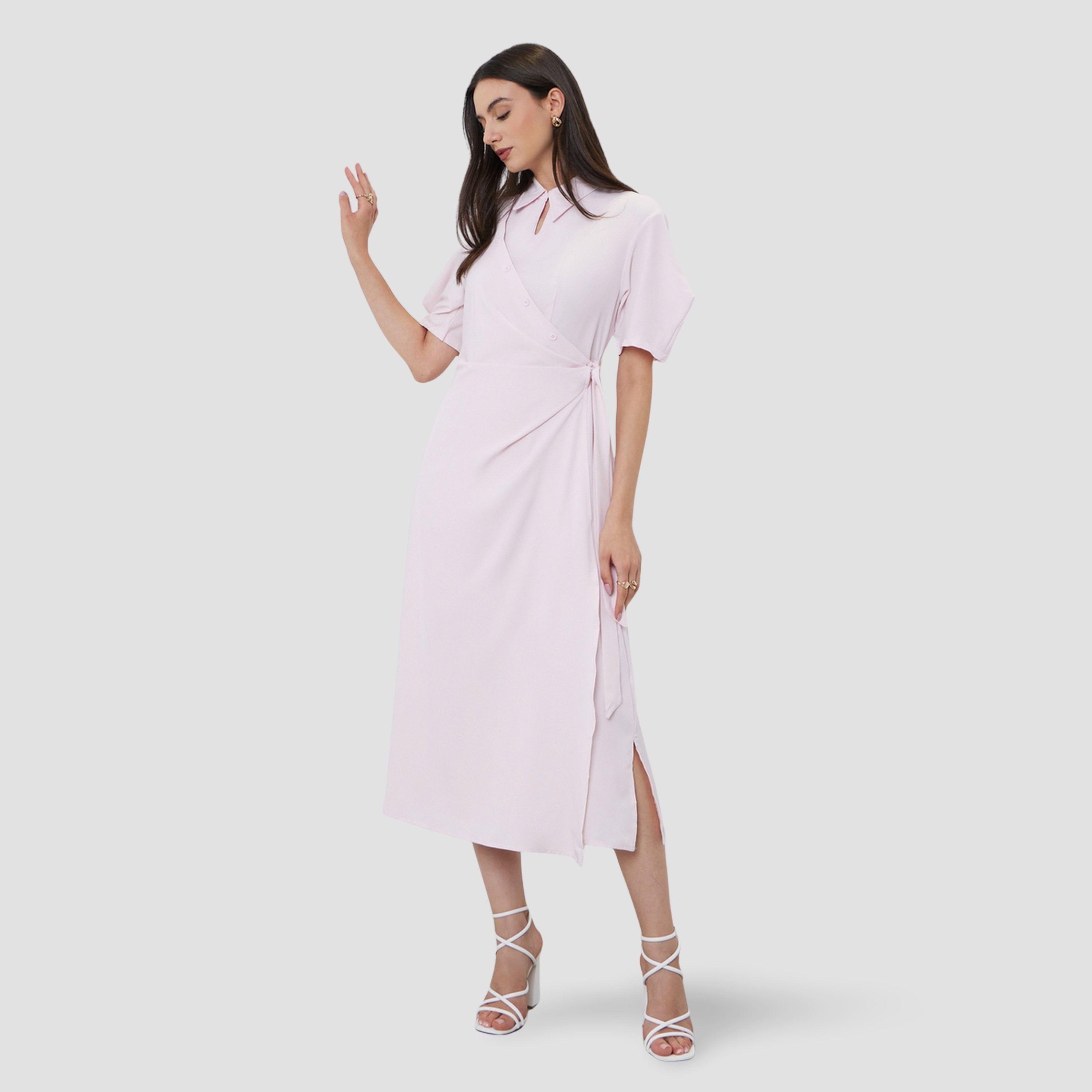 Styli Light Pink Midi Wrap Dress-women-clothing-dresses-image-2