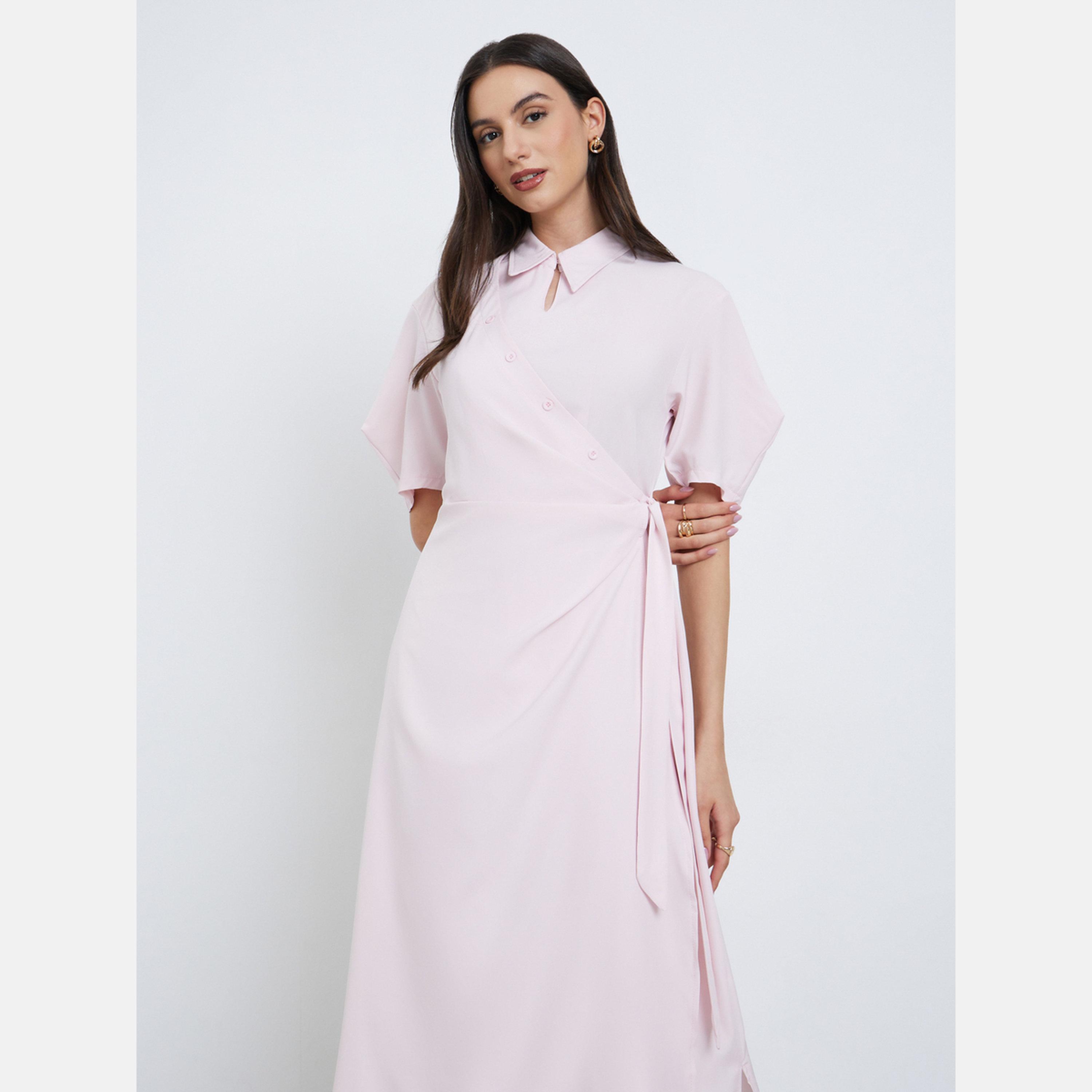 Styli Light Pink Midi Wrap Dress-women-clothing-dresses-image-3