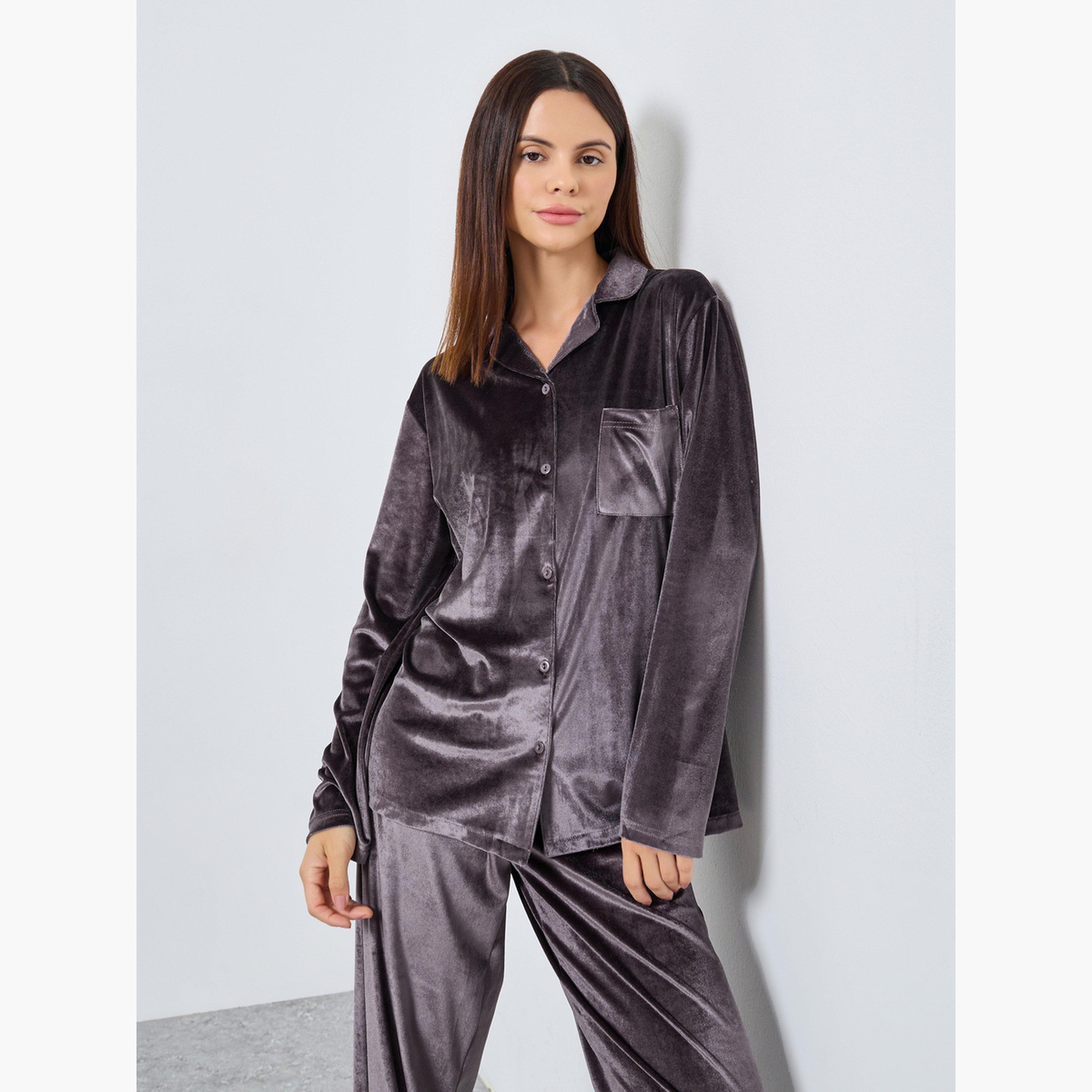 ستايلي - بيجاما قميص مخملي بأزرار للنساء-women-clothing-nightwear-pyjamas-longsets-image-2