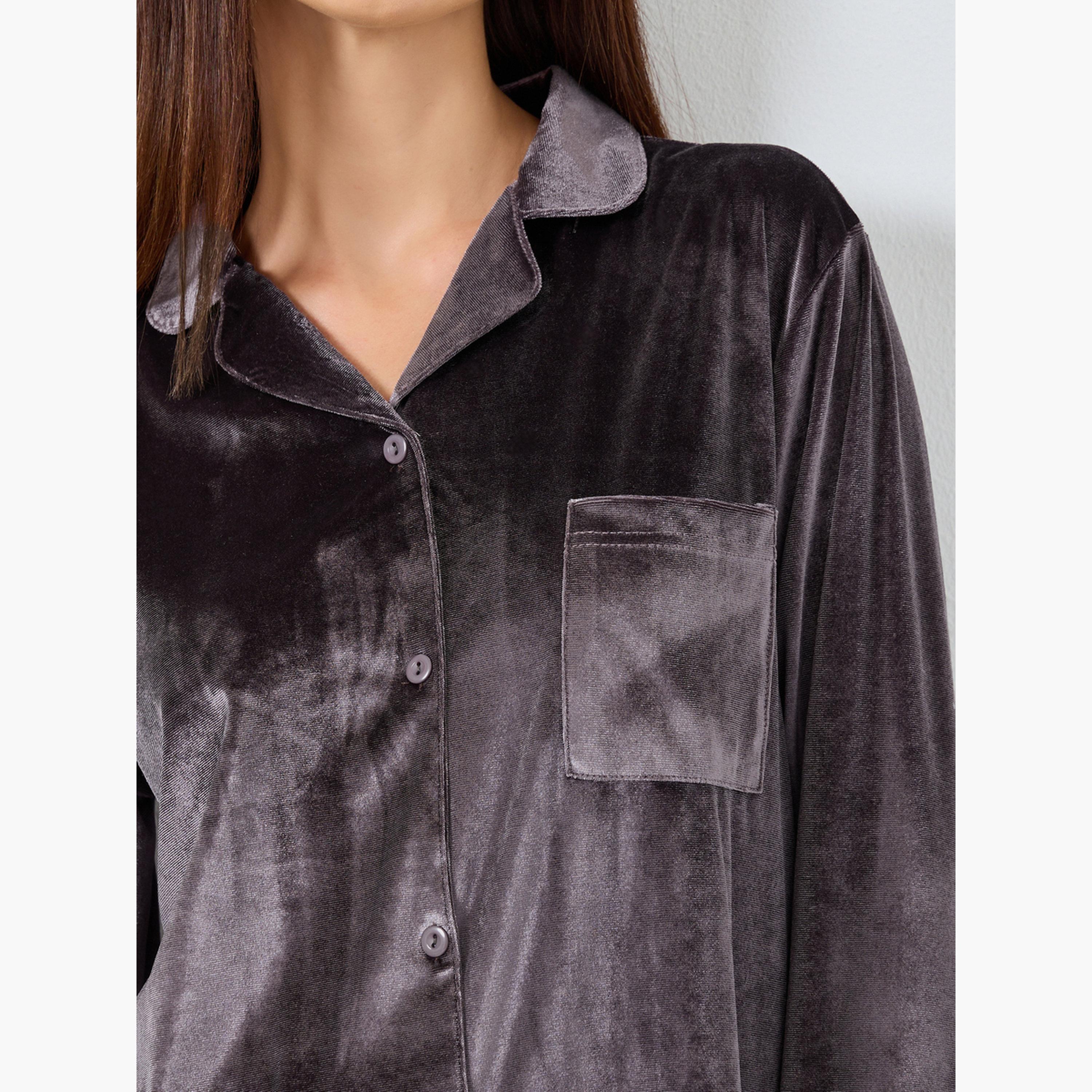 ستايلي - بيجاما قميص مخملي بأزرار للنساء-women-clothing-nightwear-pyjamas-longsets-image-5