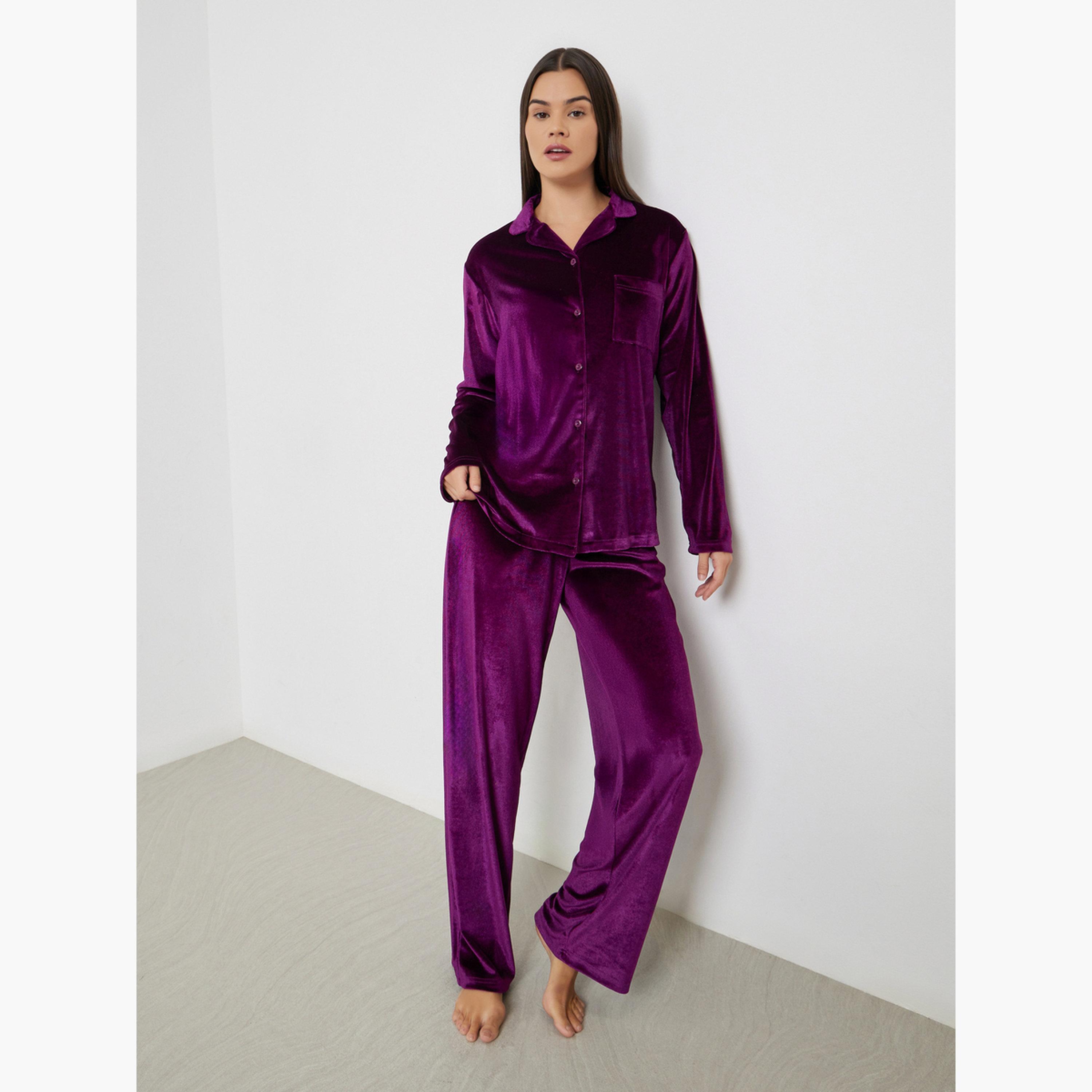 ستايلي - بيجاما قميص مخملي بأزرار للنساء-women-clothing-nightwear-pyjamas-longsets-image-1