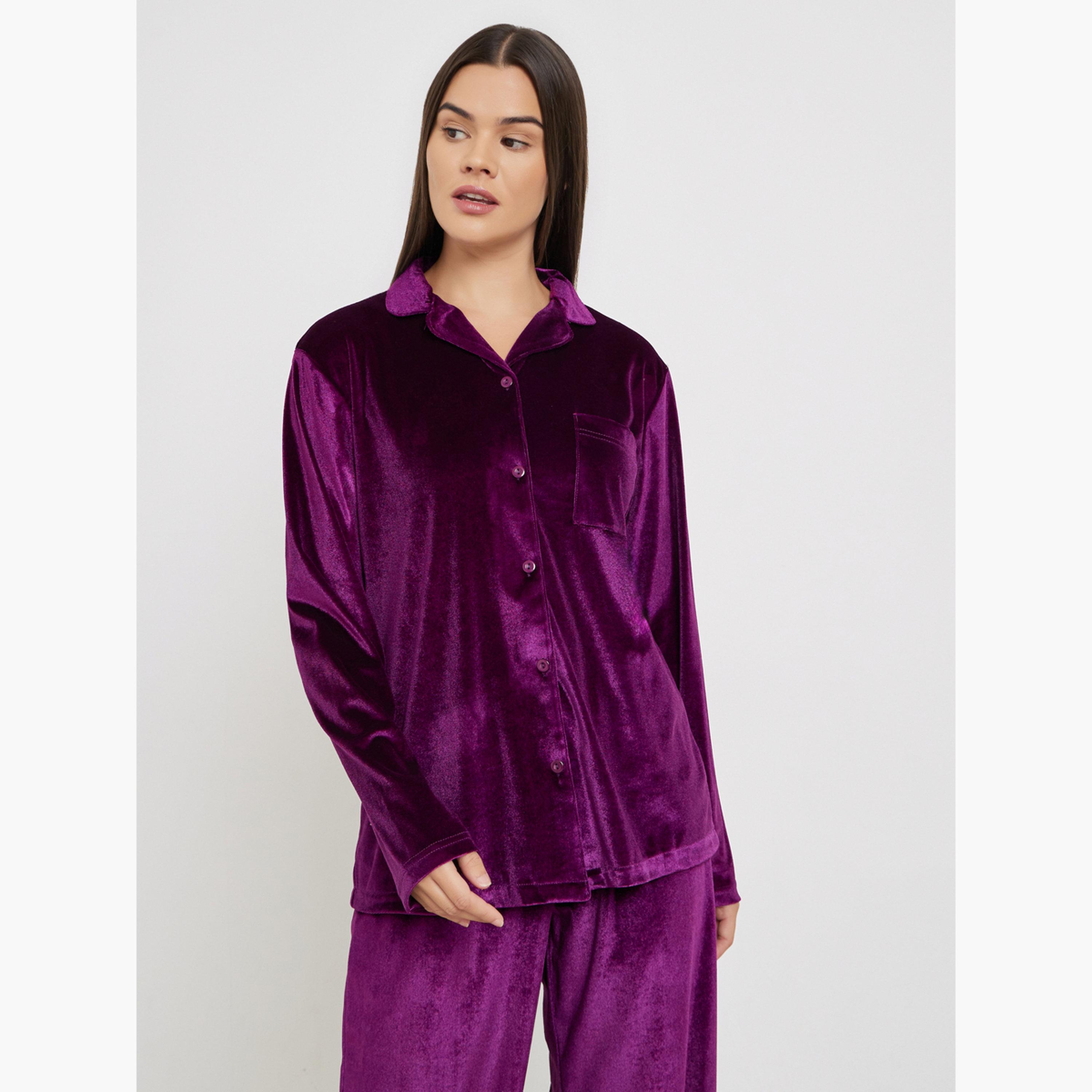 ستايلي - بيجاما قميص مخملي بأزرار للنساء-women-clothing-nightwear-pyjamas-longsets-image-2