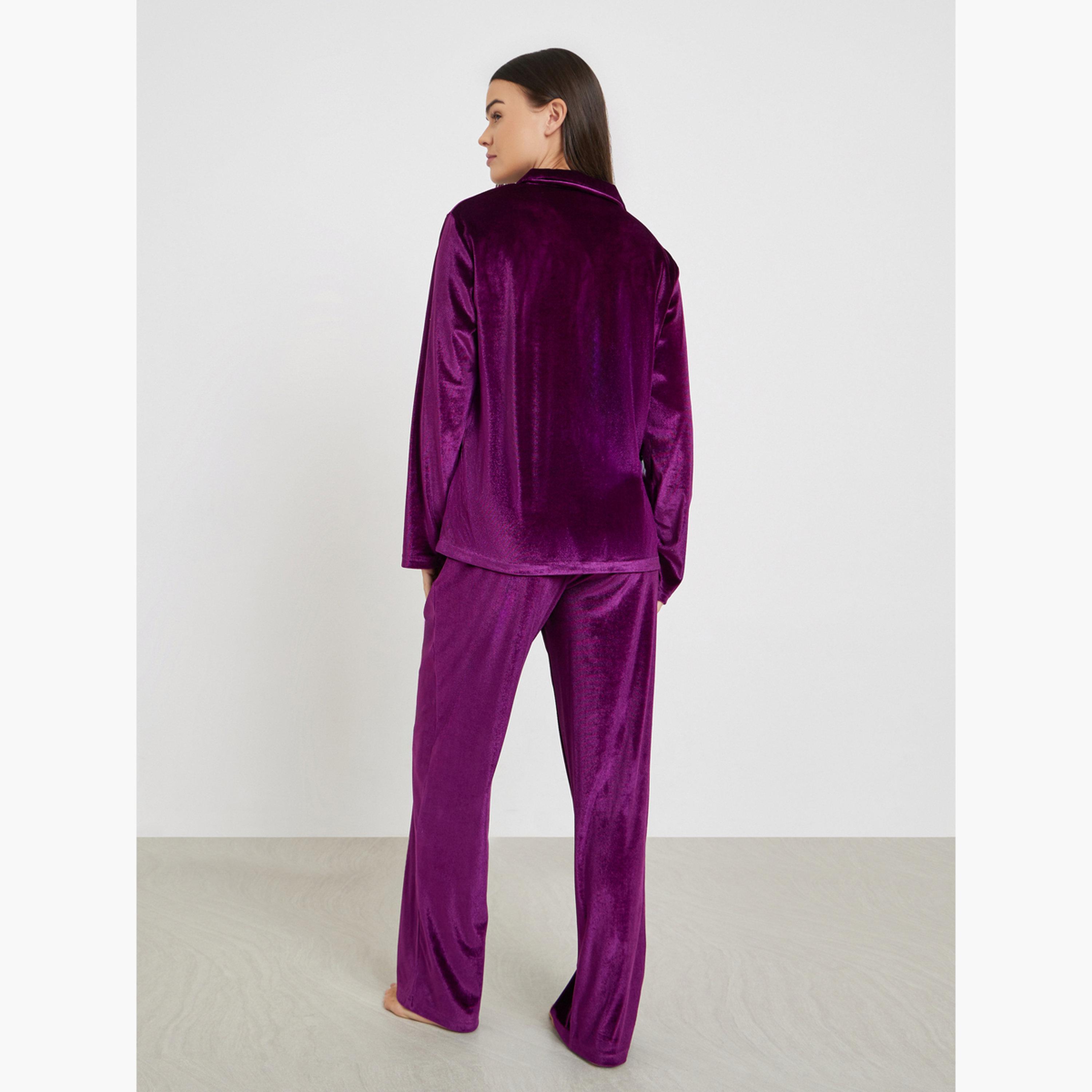 ستايلي - بيجاما قميص مخملي بأزرار للنساء-women-clothing-nightwear-pyjamas-longsets-image-3