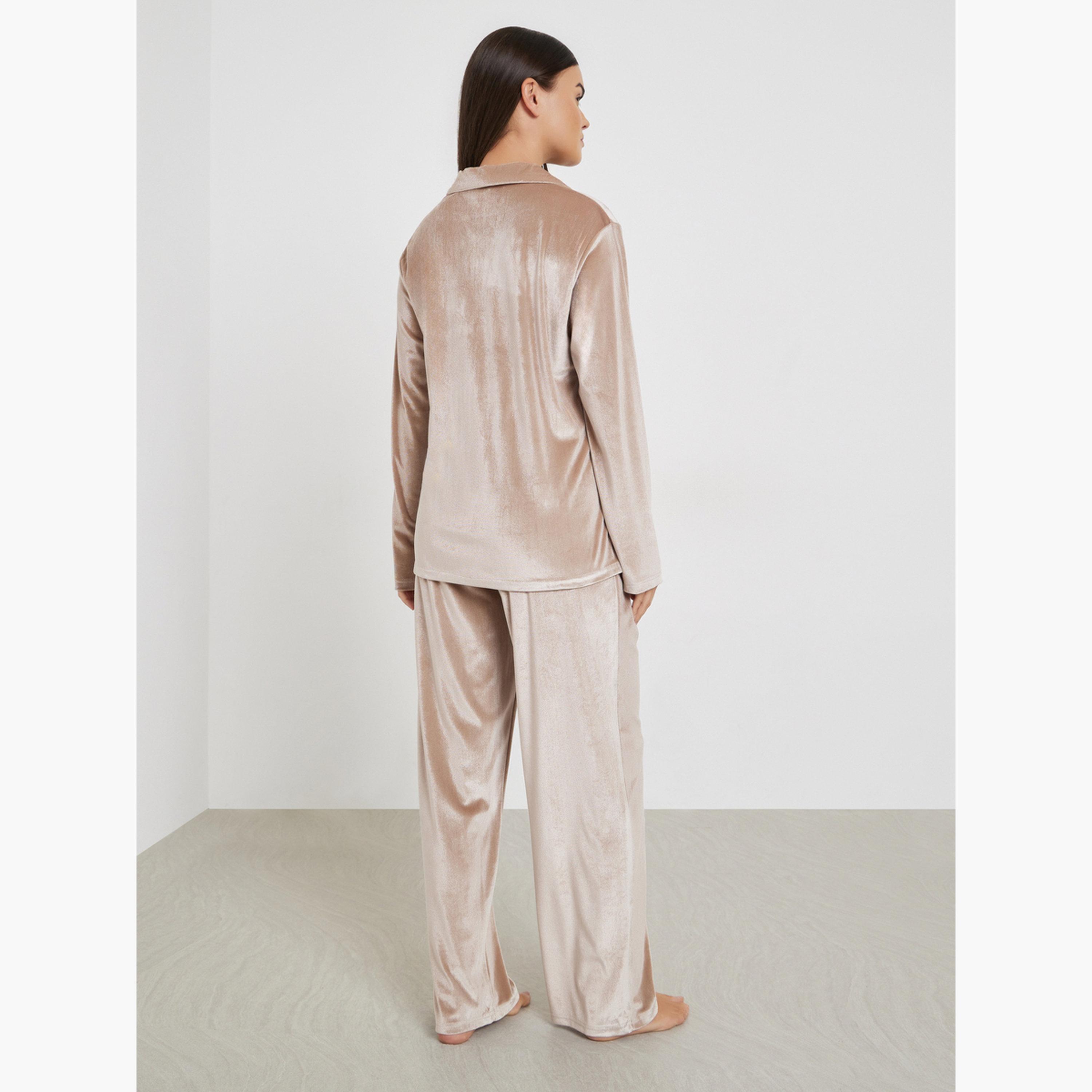 Styli Velvet Button Placket Shirt and Pyjama Set-women-clothing-nightwear-pyjamas-longsets-image-3