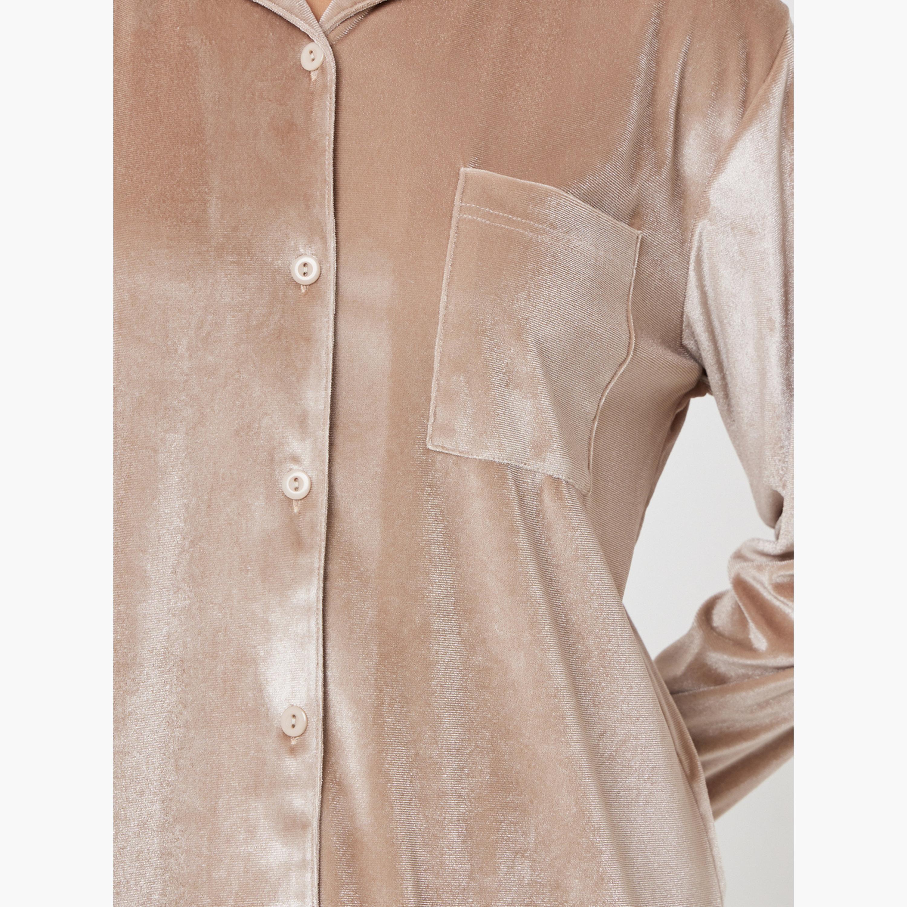 Styli Velvet Button Placket Shirt and Pyjama Set-women-clothing-nightwear-pyjamas-longsets-image-5
