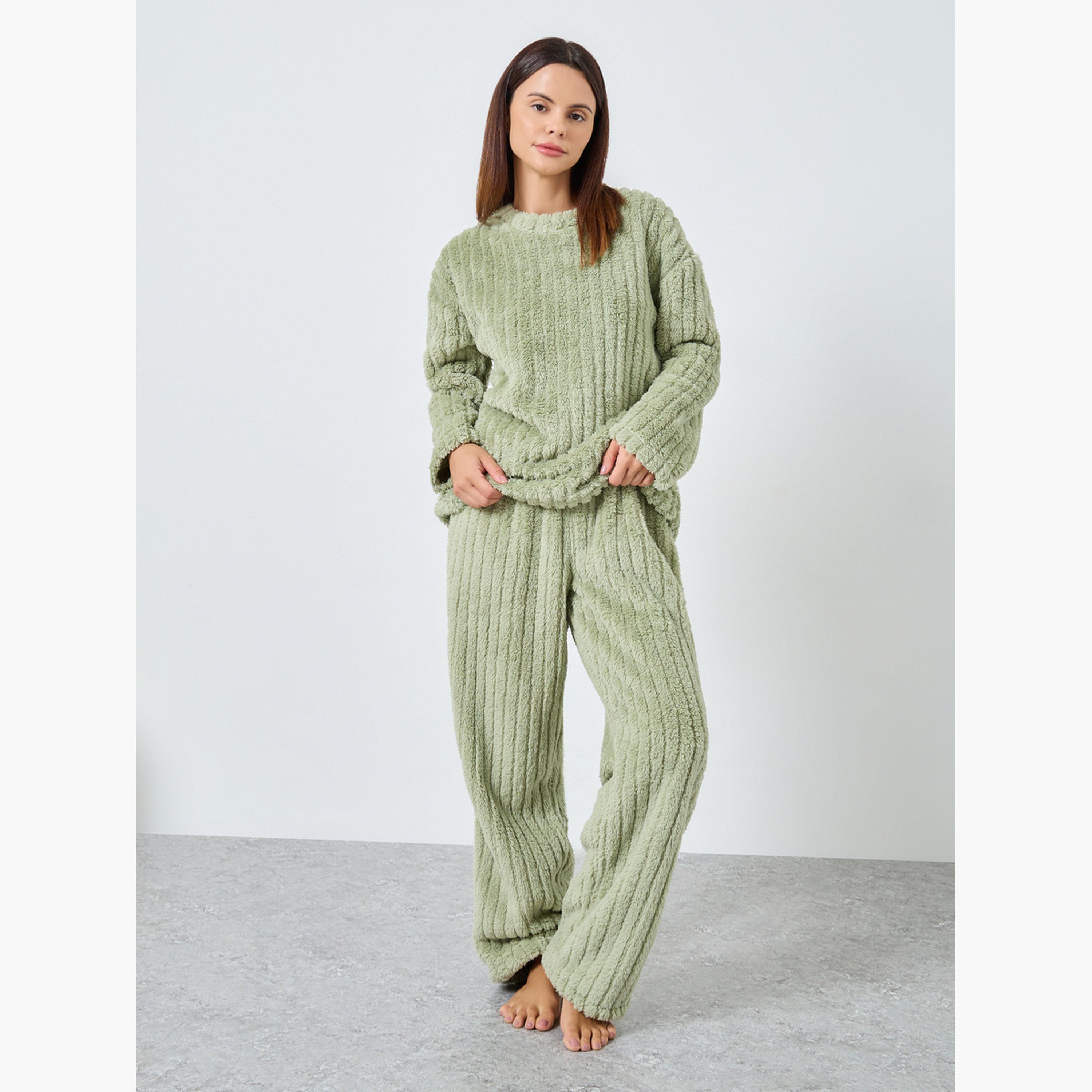 ستايلي - بيجاما قميص من الصوف السميك المضلع مع أكتاف منسدلة للنساء-women-clothing-nightwear-pyjamas-longsets-image-1