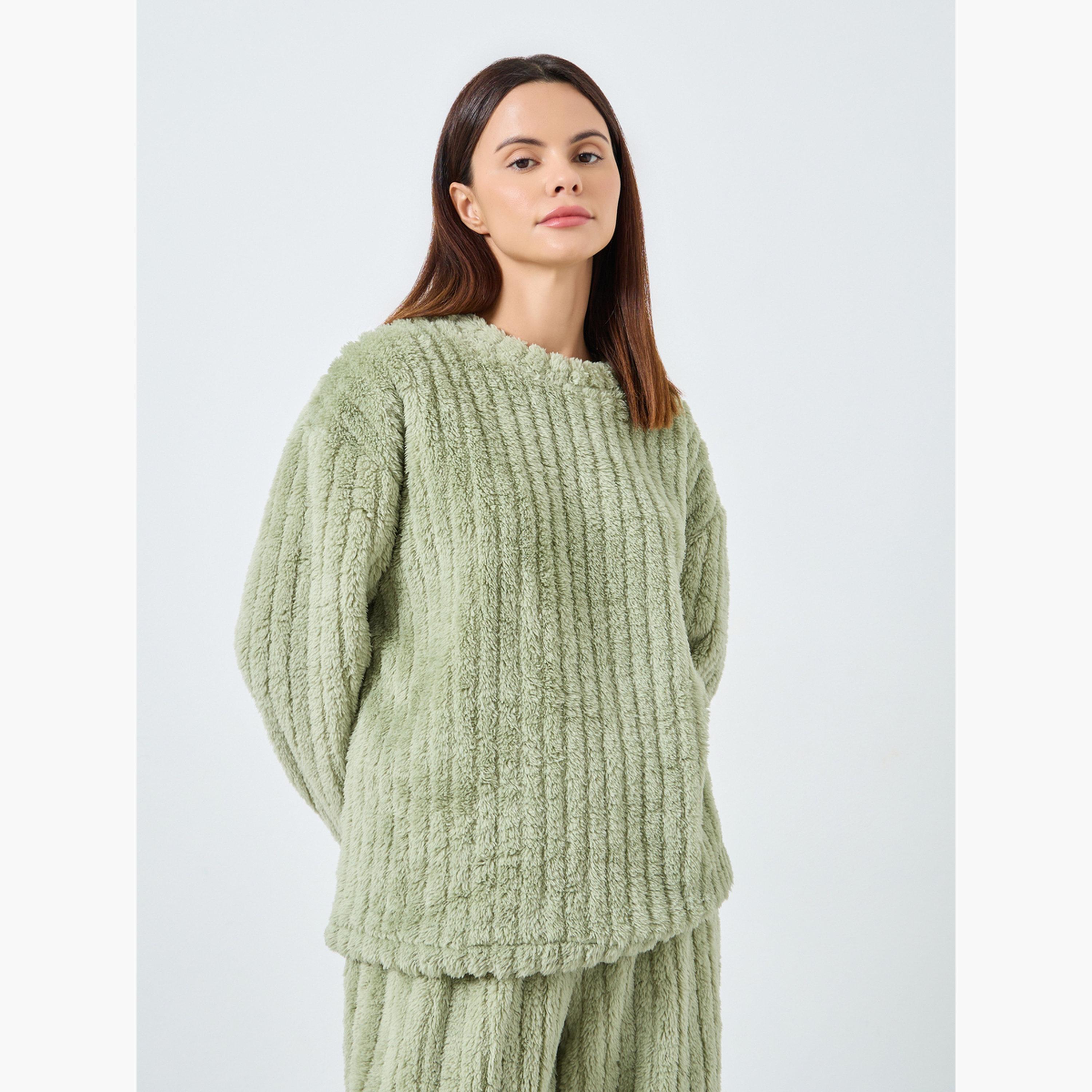 ستايلي - بيجاما قميص من الصوف السميك المضلع مع أكتاف منسدلة للنساء-women-clothing-nightwear-pyjamas-longsets-image-2