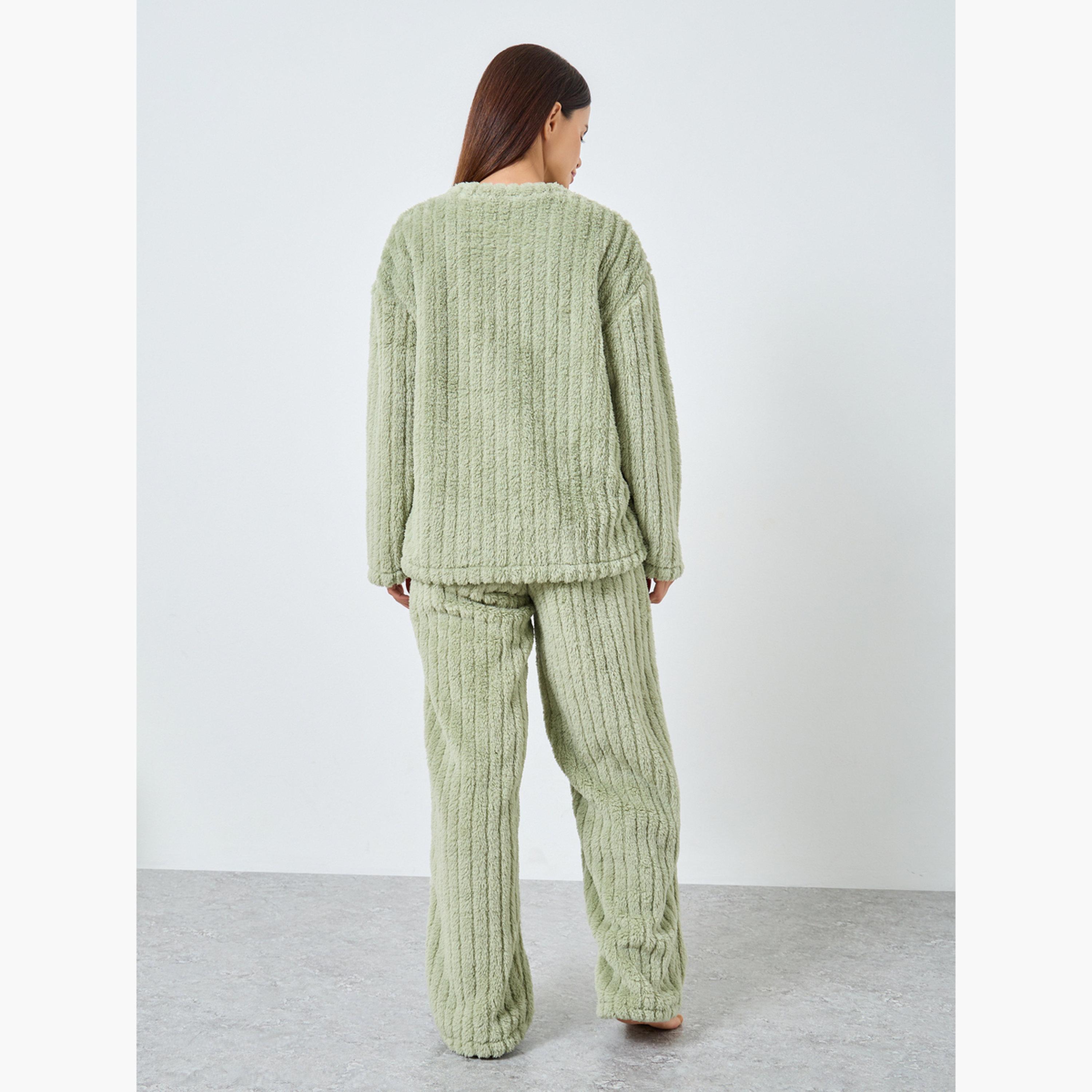 ستايلي - بيجاما قميص من الصوف السميك المضلع مع أكتاف منسدلة للنساء-women-clothing-nightwear-pyjamas-longsets-image-4