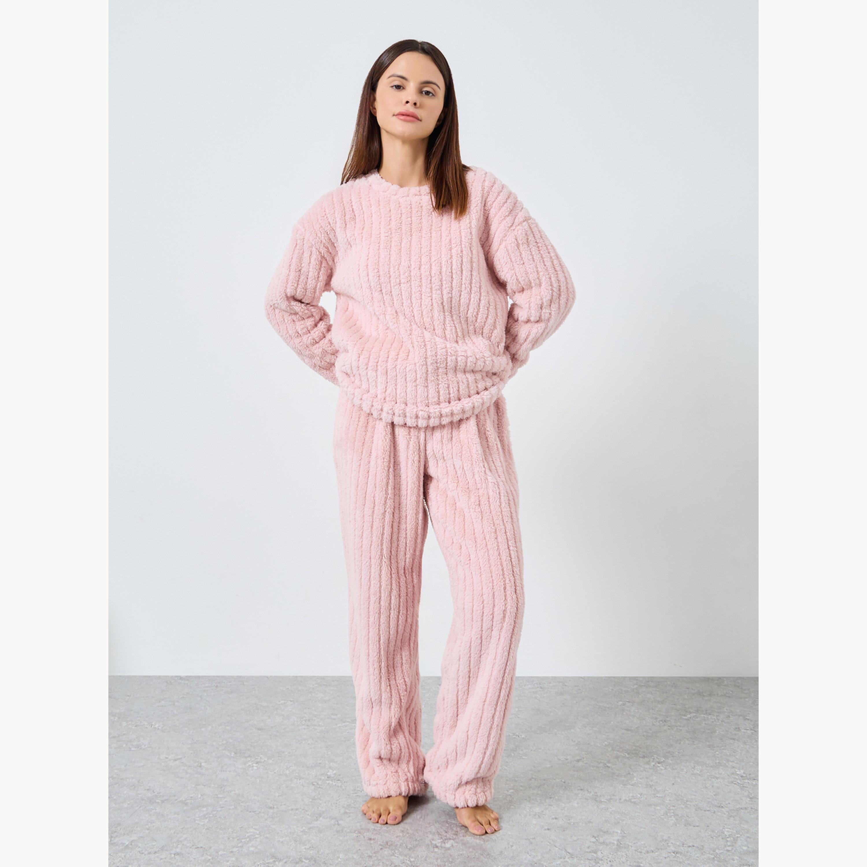 ستايلي - بيجاما قميص من الصوف السميك المضلع مع أكتاف منسدلة للنساء-women-clothing-nightwear-pyjamas-longsets-image-1