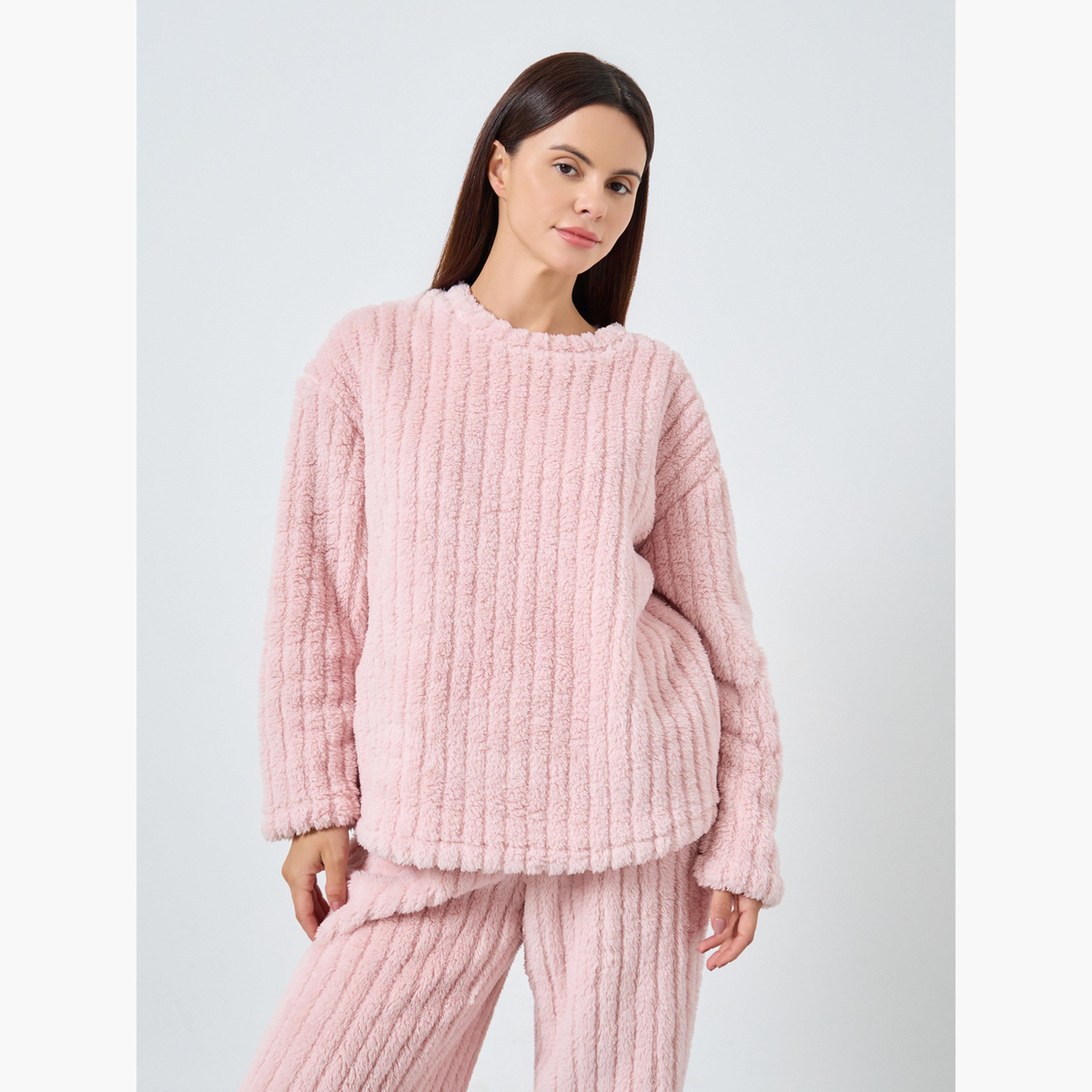 ستايلي - بيجاما قميص من الصوف السميك المضلع مع أكتاف منسدلة للنساء-women-clothing-nightwear-pyjamas-longsets-image-2