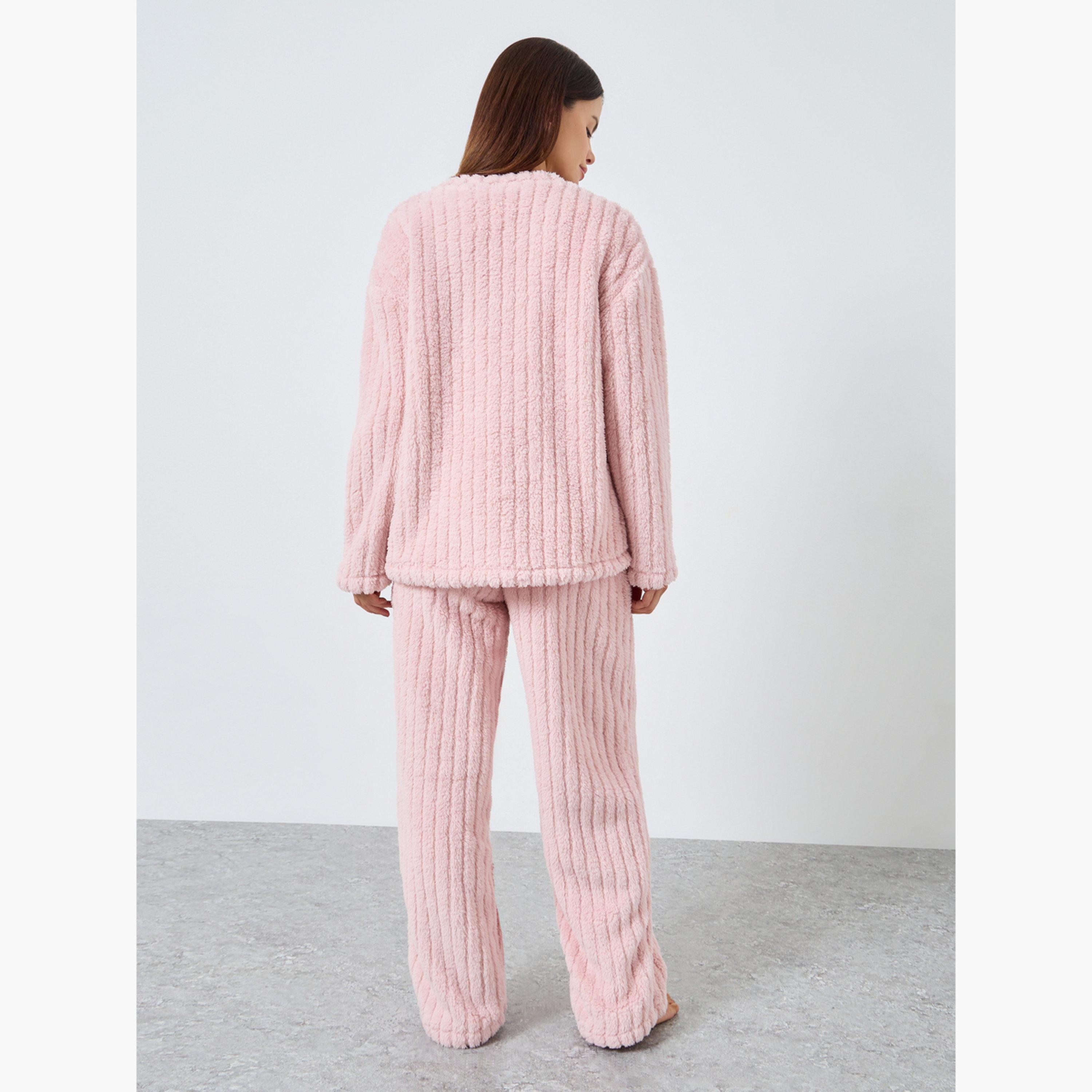 ستايلي - بيجاما قميص من الصوف السميك المضلع مع أكتاف منسدلة للنساء-women-clothing-nightwear-pyjamas-longsets-image-3