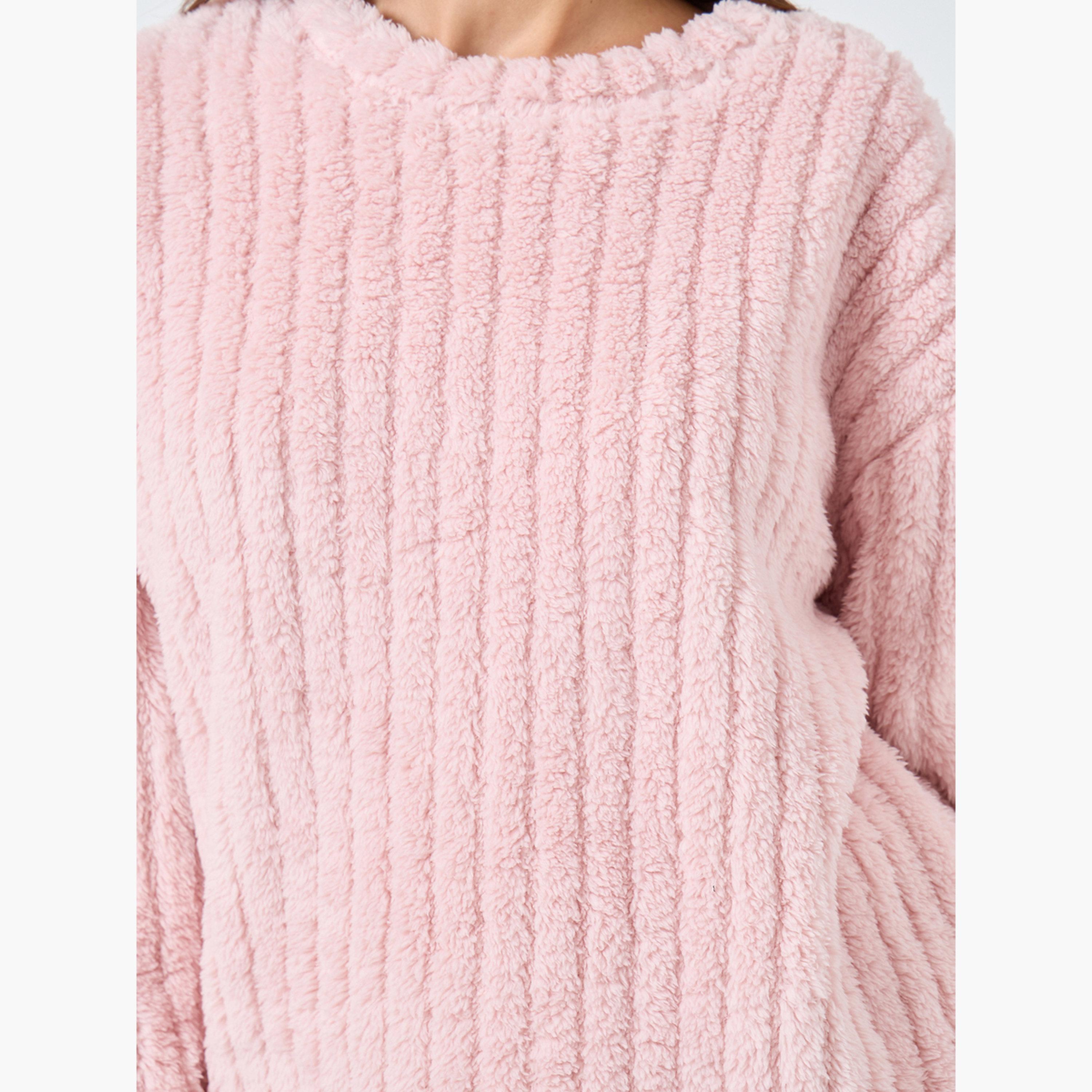 ستايلي - بيجاما قميص من الصوف السميك المضلع مع أكتاف منسدلة للنساء-women-clothing-nightwear-pyjamas-longsets-image-5