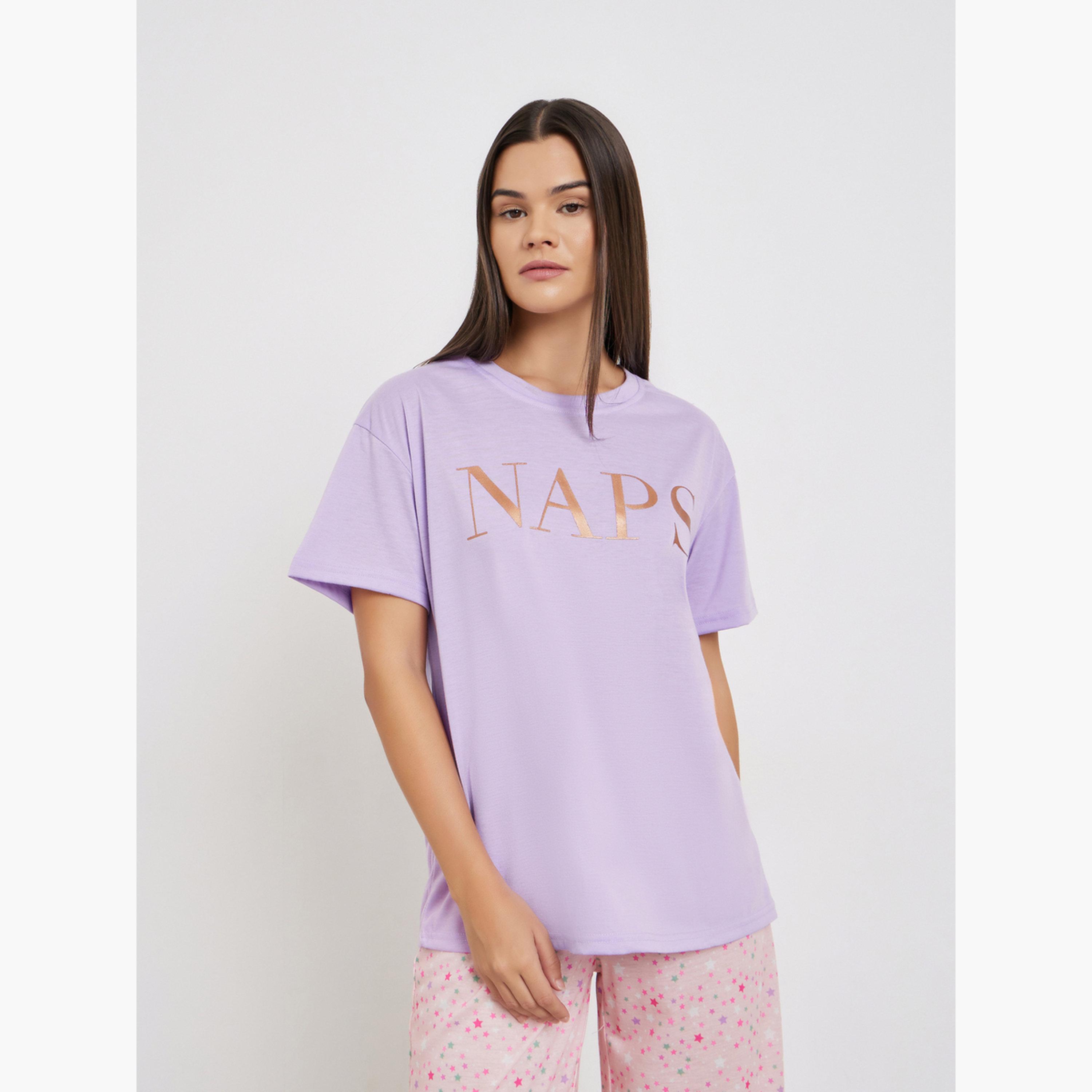 ستايلي - بيجاما نقشة نجوم وتي شيرت بكتف منسدل وطبعة رقائق معدنية للنساء-women-clothing-nightwear-pyjamas-longsets-image-2