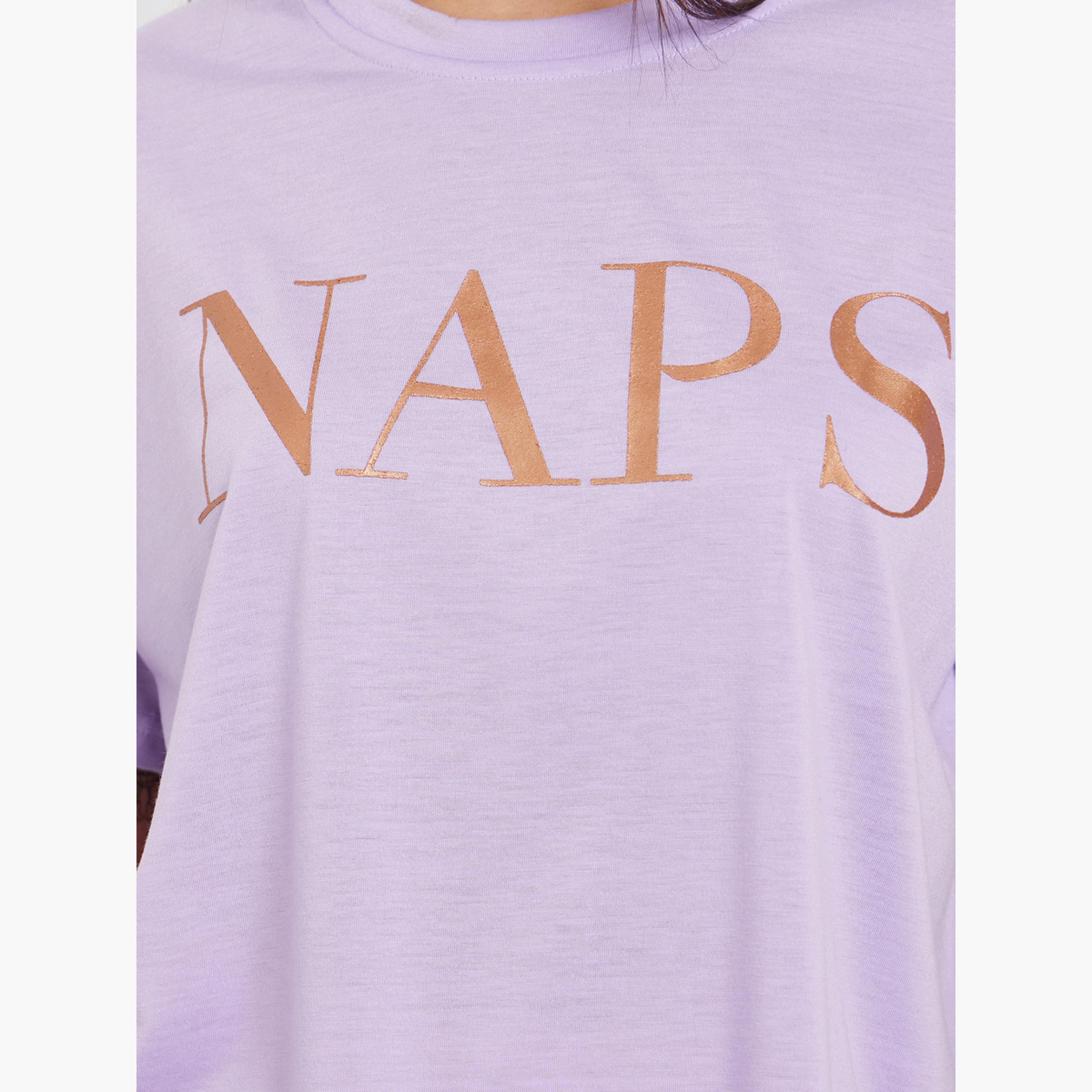 ستايلي - بيجاما نقشة نجوم وتي شيرت بكتف منسدل وطبعة رقائق معدنية للنساء-women-clothing-nightwear-pyjamas-longsets-image-5