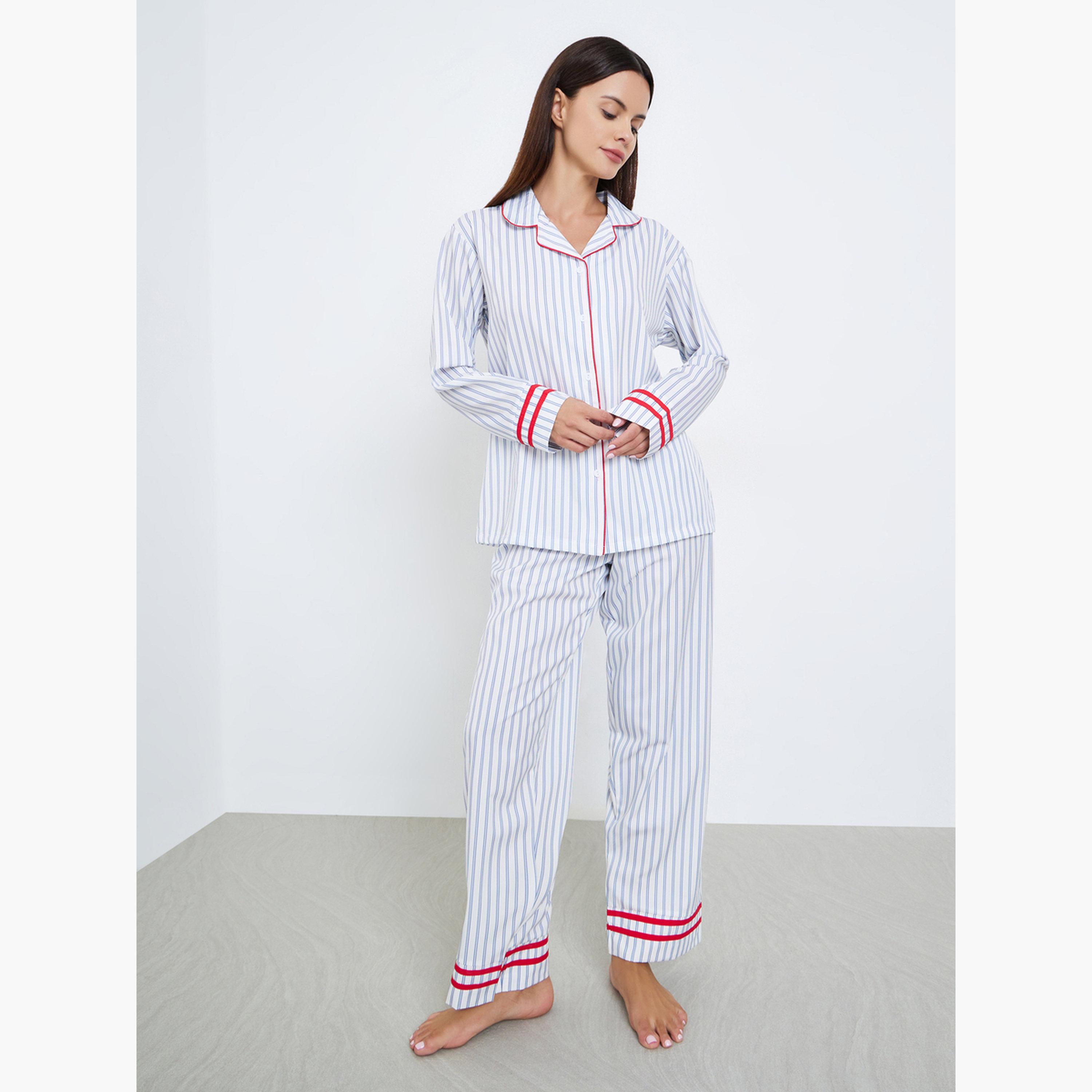 ستايلي - بيجاما قميص مخطط بحواف متباينة-women-clothing-nightwear-pyjamas-longsets-image-1