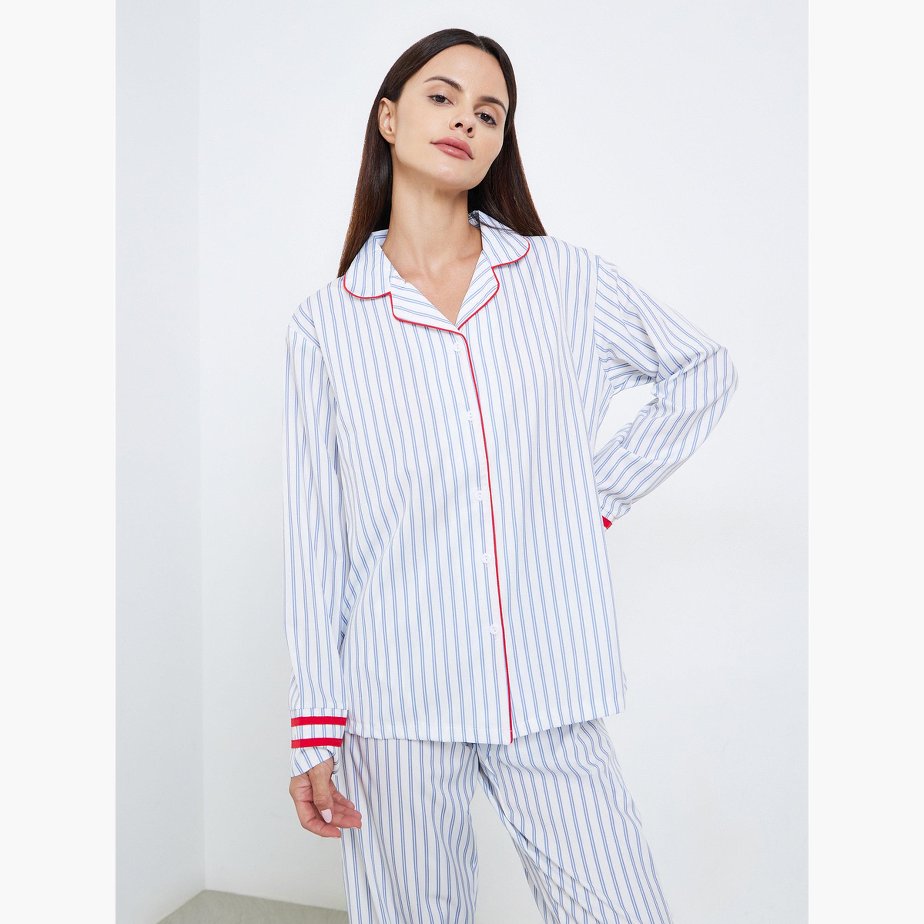 ستايلي - بيجاما قميص مخطط بحواف متباينة-women-clothing-nightwear-pyjamas-longsets-image-2