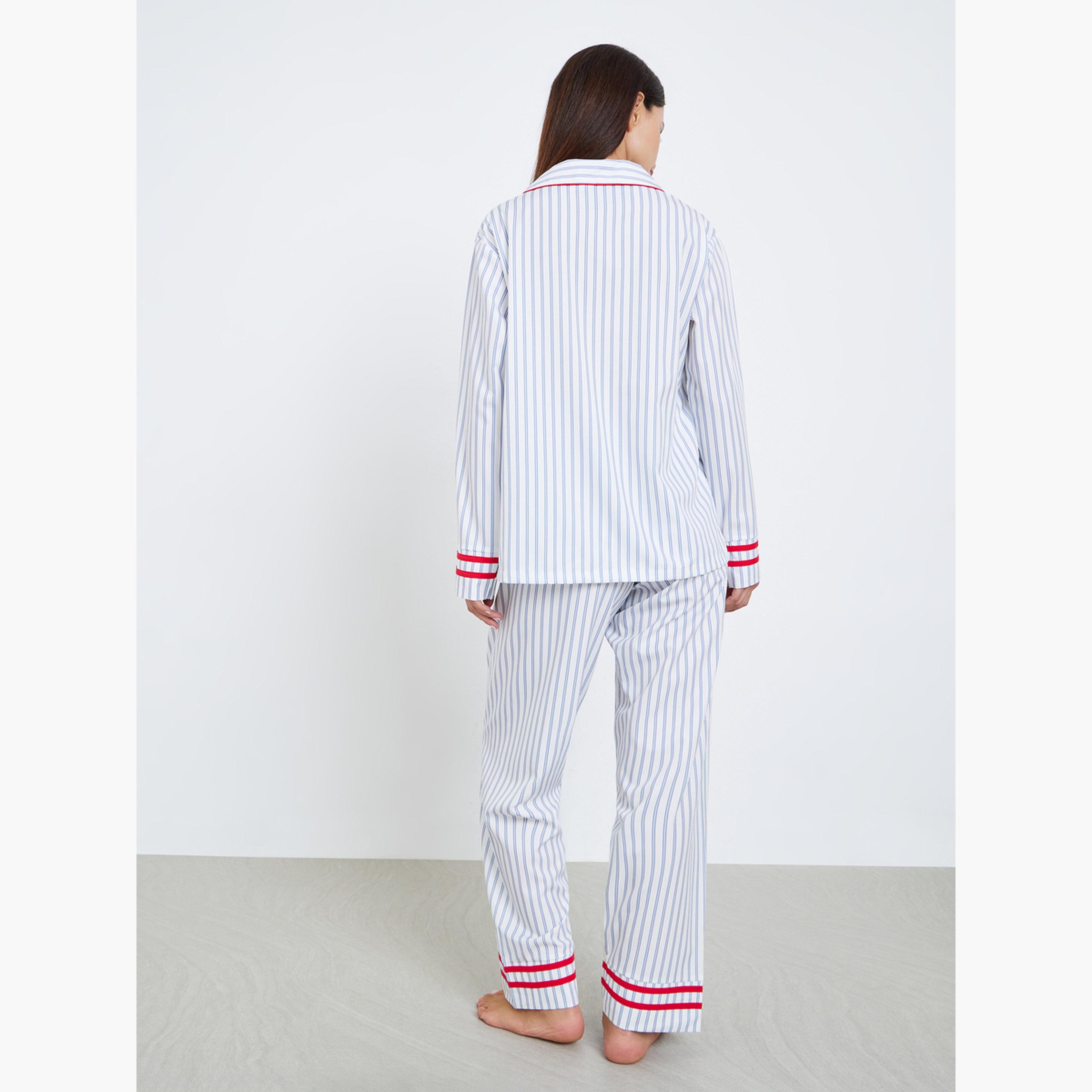 ستايلي - بيجاما قميص مخطط بحواف متباينة-women-clothing-nightwear-pyjamas-longsets-image-3