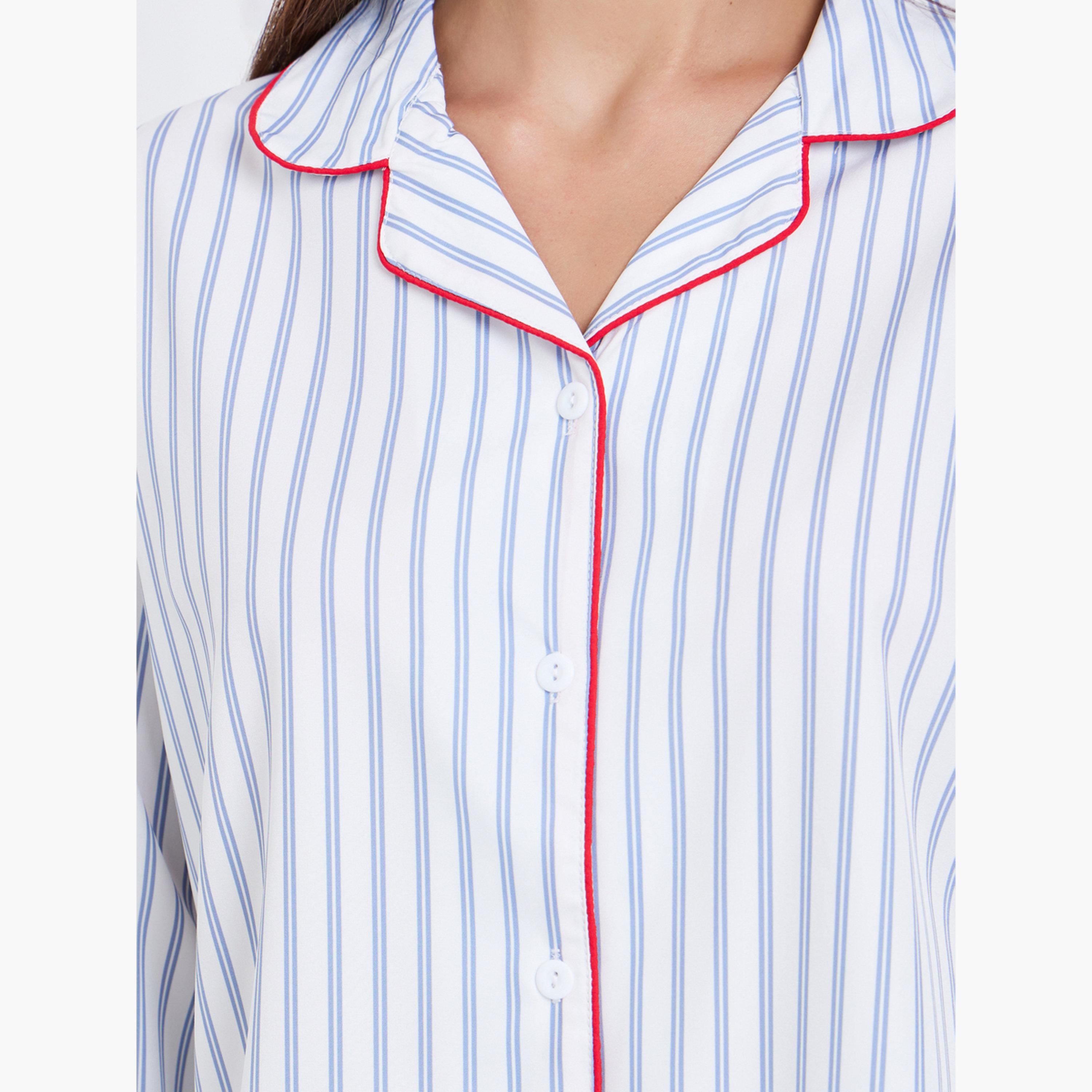 Styli Striped Contrast Trim Piping Shirt and Pyjama Set-women-clothing-nightwear-pyjamas-longsets-image-5