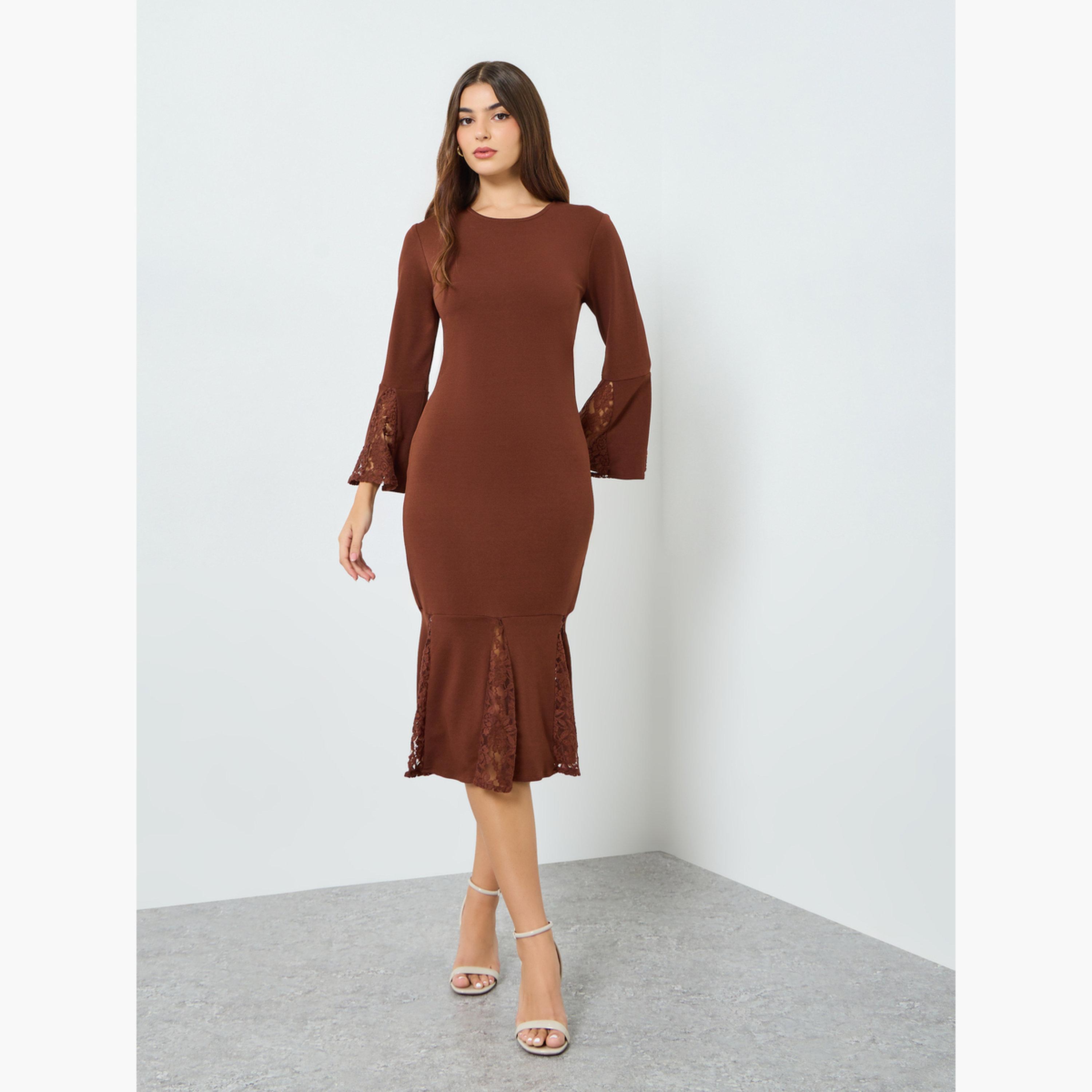 Styli Women Brown Lace Detail Mermaid Midi Dress-women-clothing-dresses-image-1