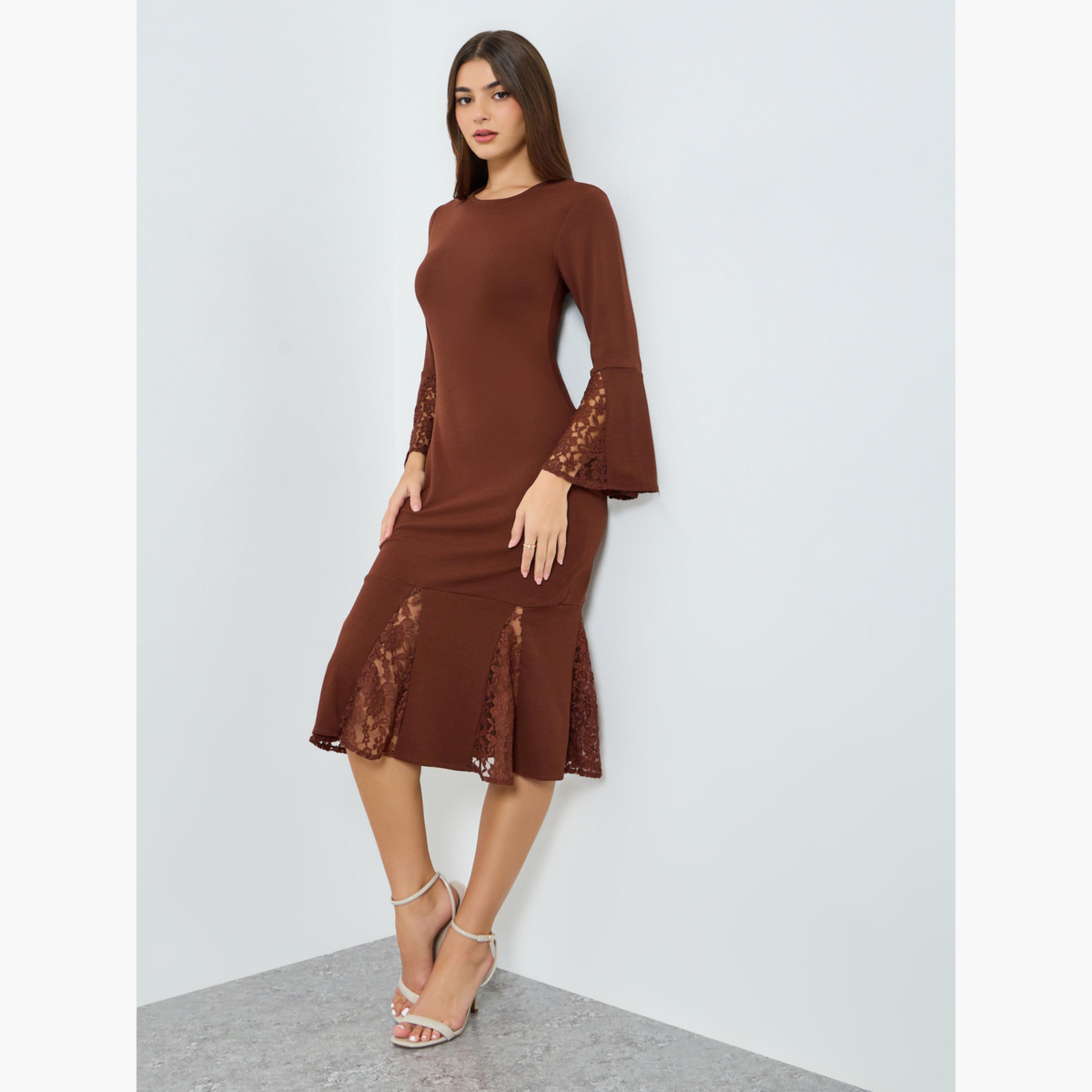 Styli Women Brown Lace Detail Mermaid Midi Dress-women-clothing-dresses-image-2
