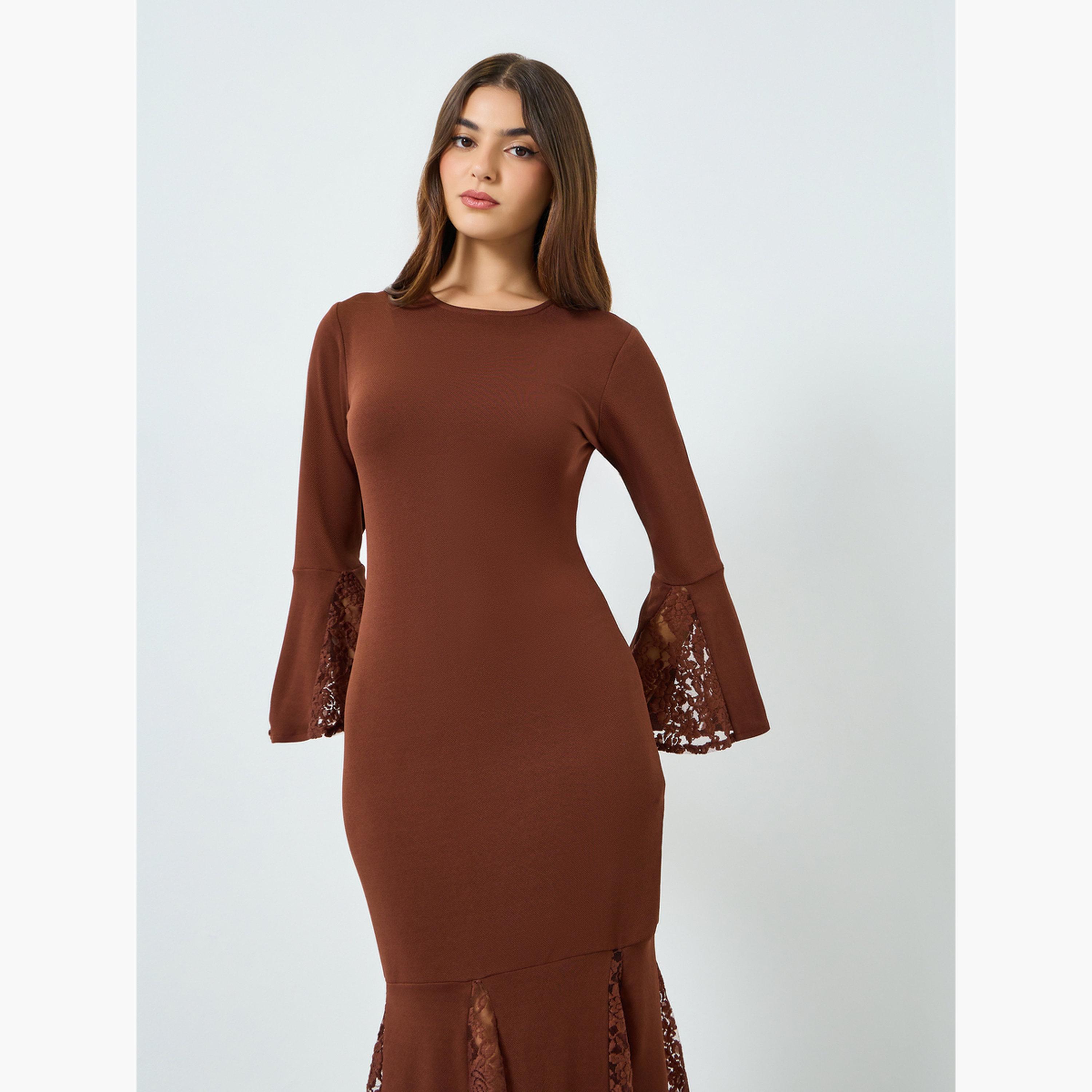 Styli Women Brown Lace Detail Mermaid Midi Dress-women-clothing-dresses-image-3